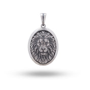 Front view of Lion King Animal 925 Sterling Silver Oval Pendant showcasing intricate lion design