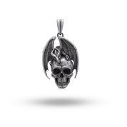 925 Sterling Silver dragon wings skull pendant, front view, oxidized finish