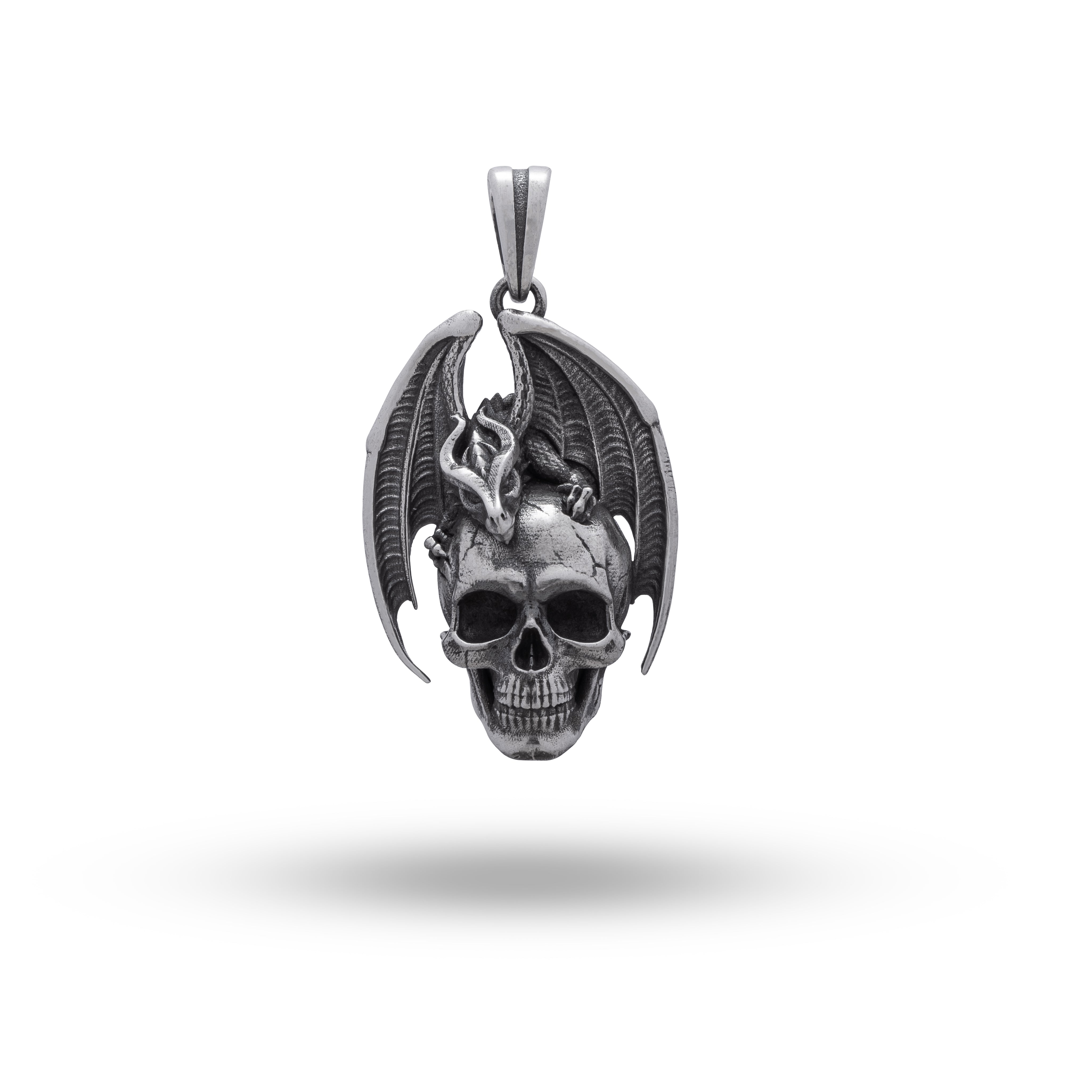 925 Sterling Silver dragon wings skull pendant, front view, oxidized finish