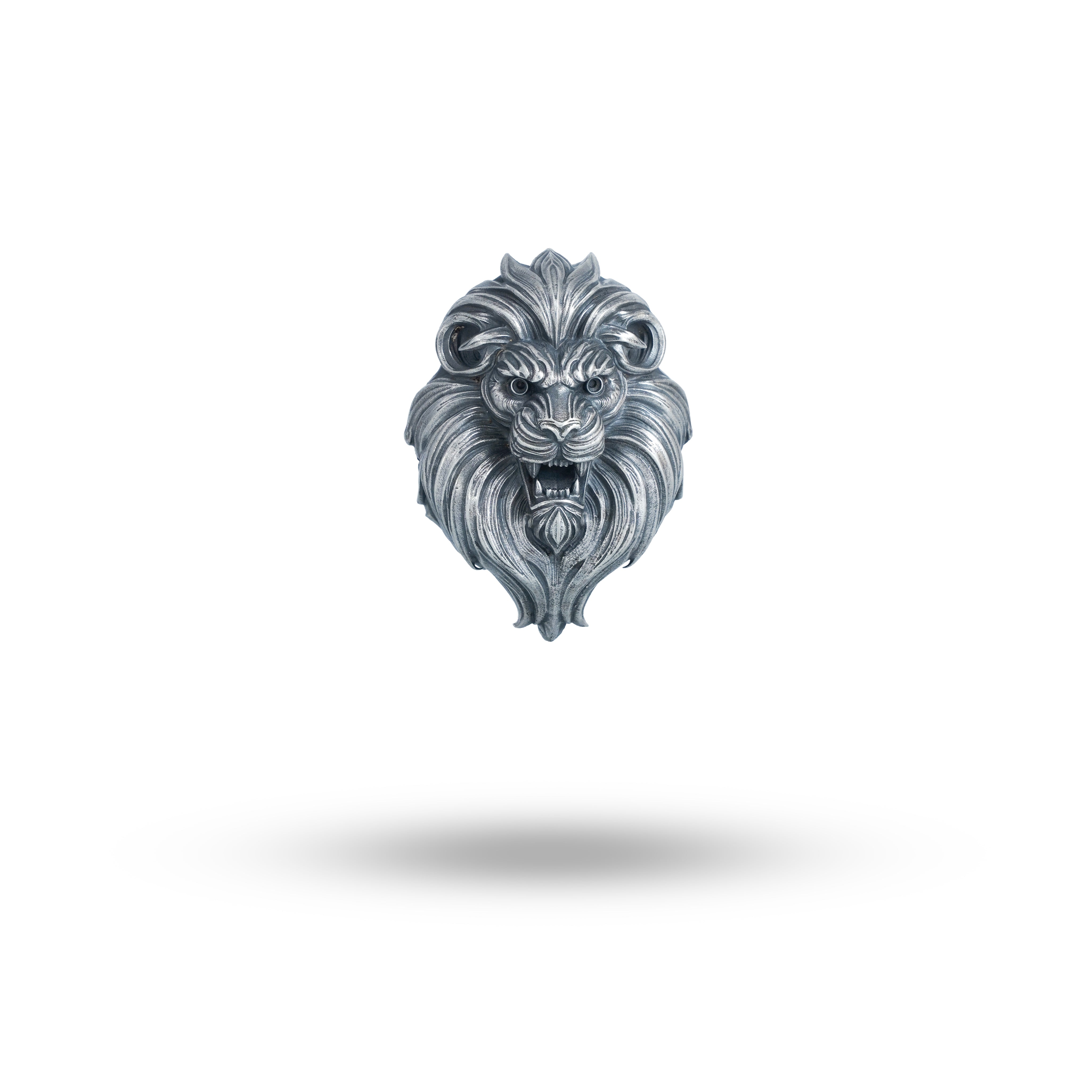 Fierce Lion Face Brooch angle view, 925 Sterling Silver, elegant and bold design.