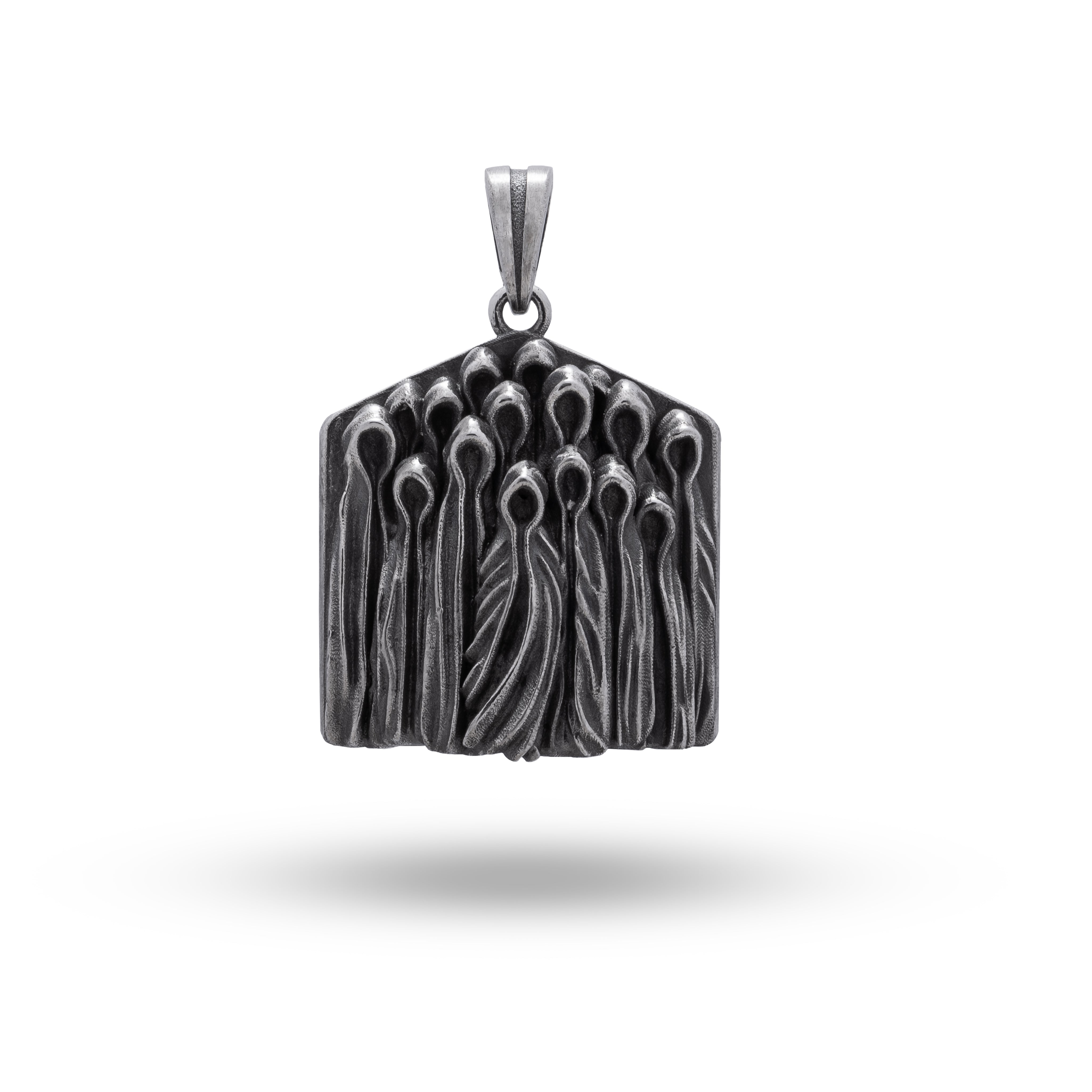 Front view of the Holy Creepy Ghost Biker Phantom Pendant in 925 Sterling Silver with oxidized finish.