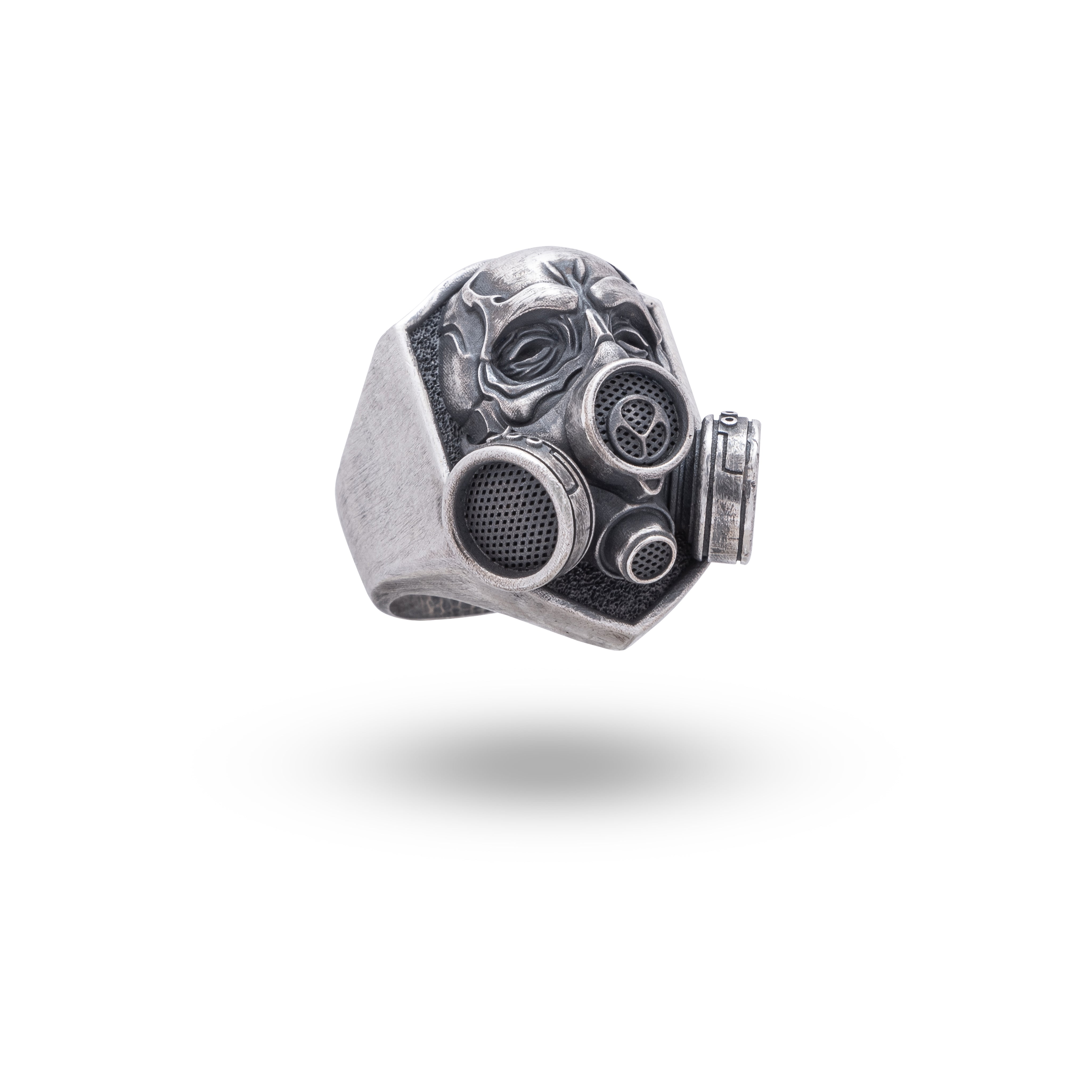 Front view of Oxygen Mask Respirator 925 Sterling Silver Ring showing intricate design and oxidized finish