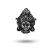 Front view of Goddess Durga Mahadevi 925 Sterling Silver Brooch showing intricate design and oxidized finish.