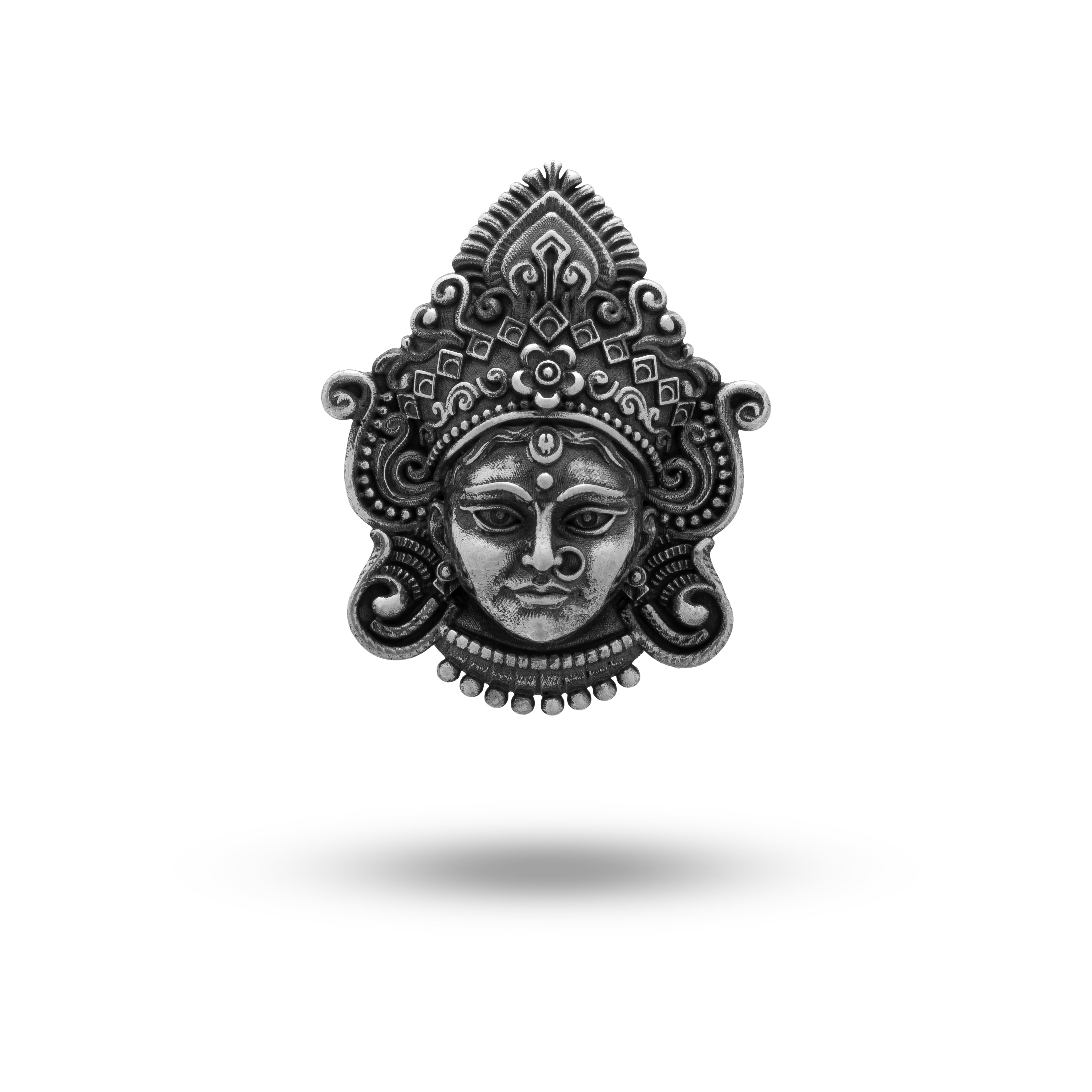Front view of Goddess Durga Mahadevi 925 Sterling Silver Brooch showing intricate design and oxidized finish.