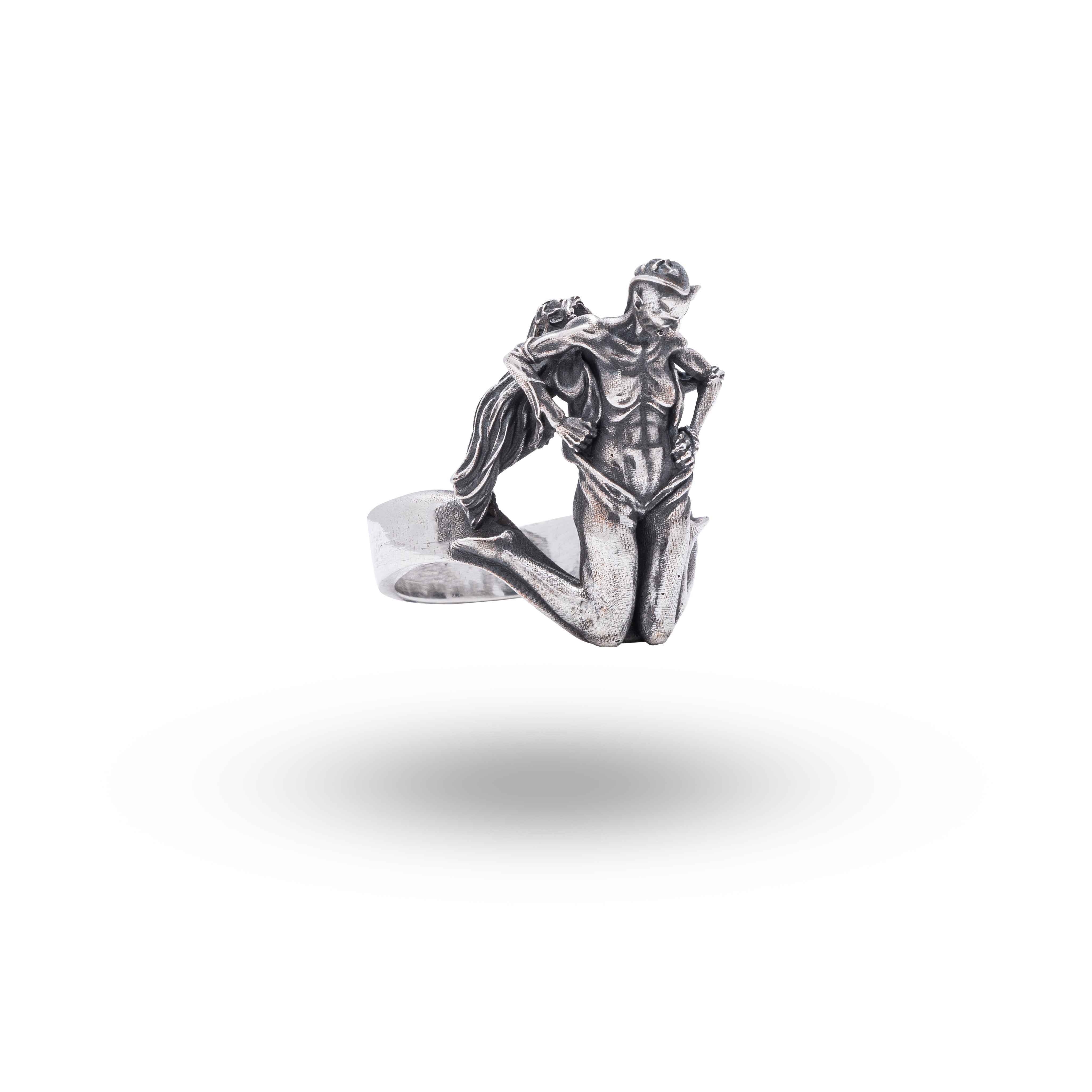 Front view of Human Devil Transformation 925 Sterling Silver Ring showcasing intricate design in oxidized silver.