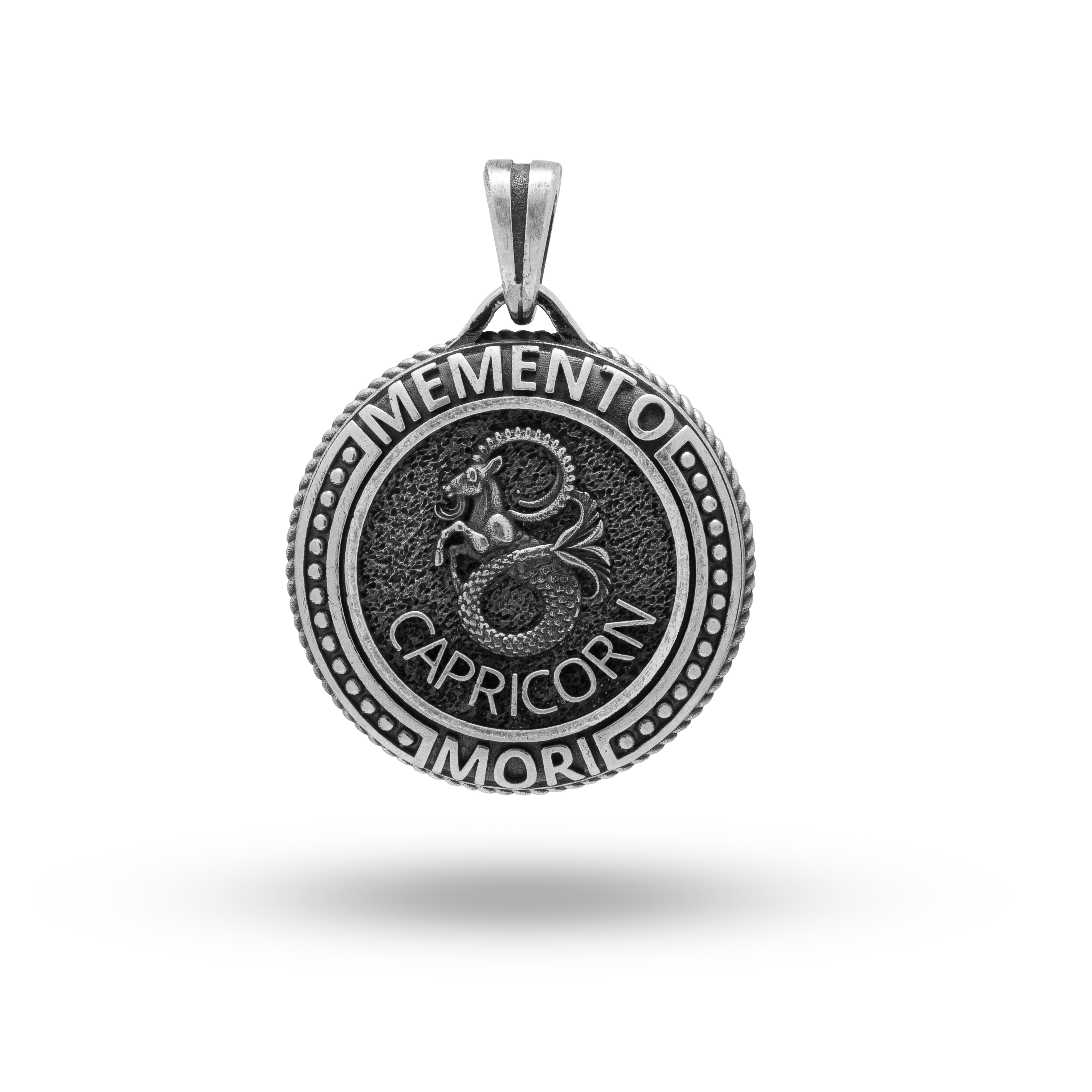 Front view of Memento Mori Capricorn Zodiac Sign 925 Sterling Silver Pendant with oxidized finish