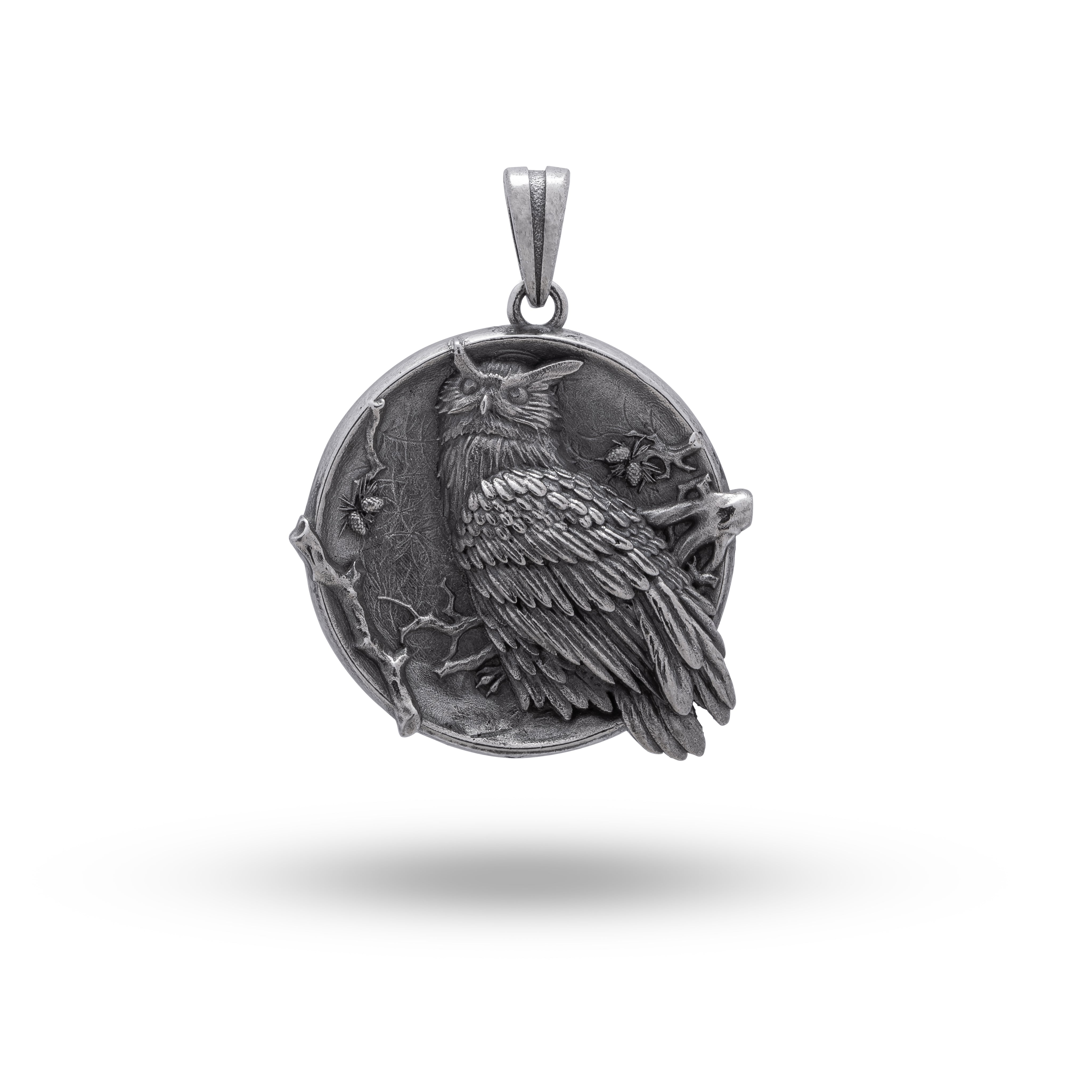 Front view of the Owl Night Bird 925 Sterling Silver Pendant, showcasing intricate handcrafted design with oxidized silver.