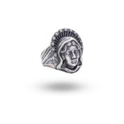 Front view of Virgin Mother Mary 925 Sterling Silver Ring showcasing intricate design.