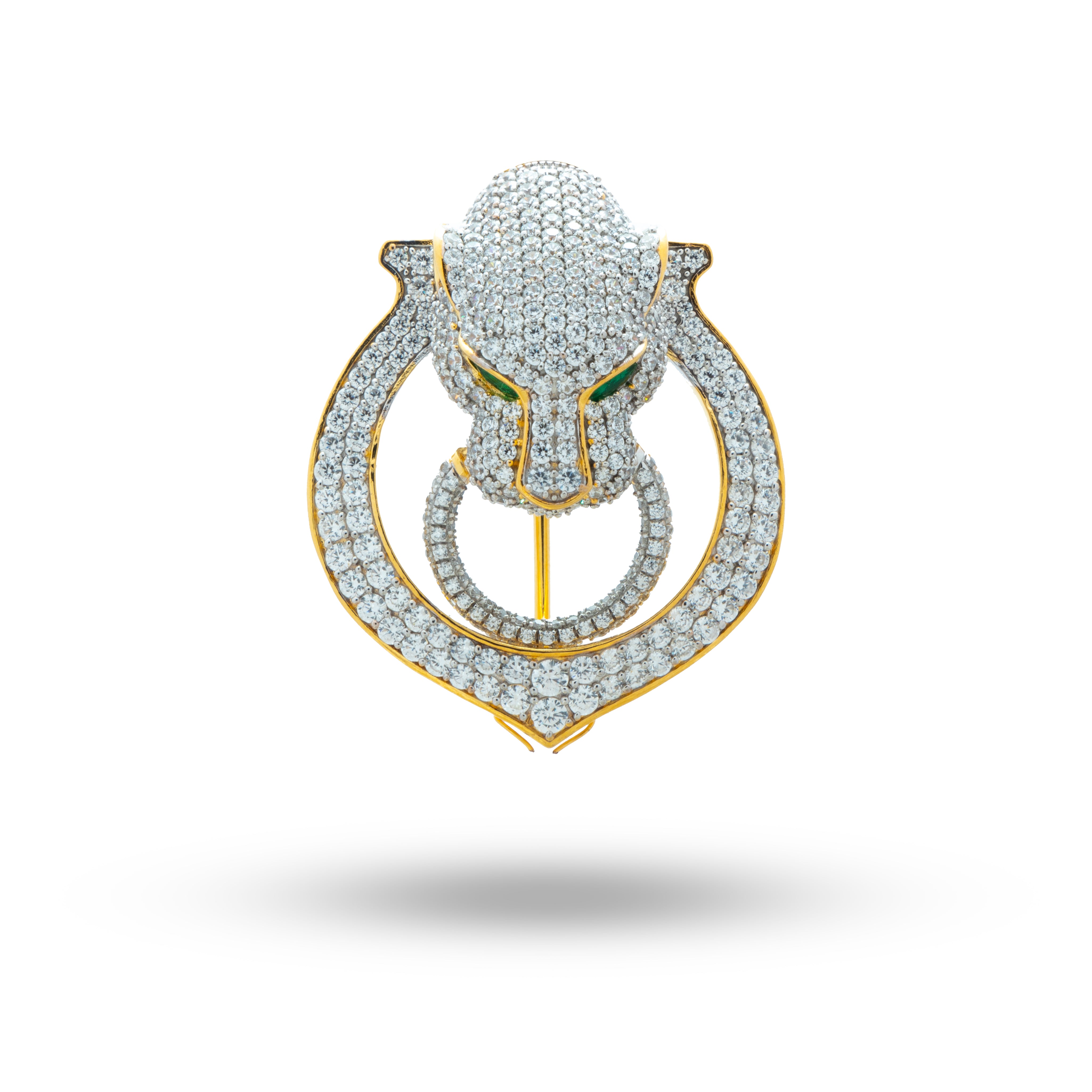 Front view of Jaguar Panther Cubic Zirconia gold plated brooch with sterling silver