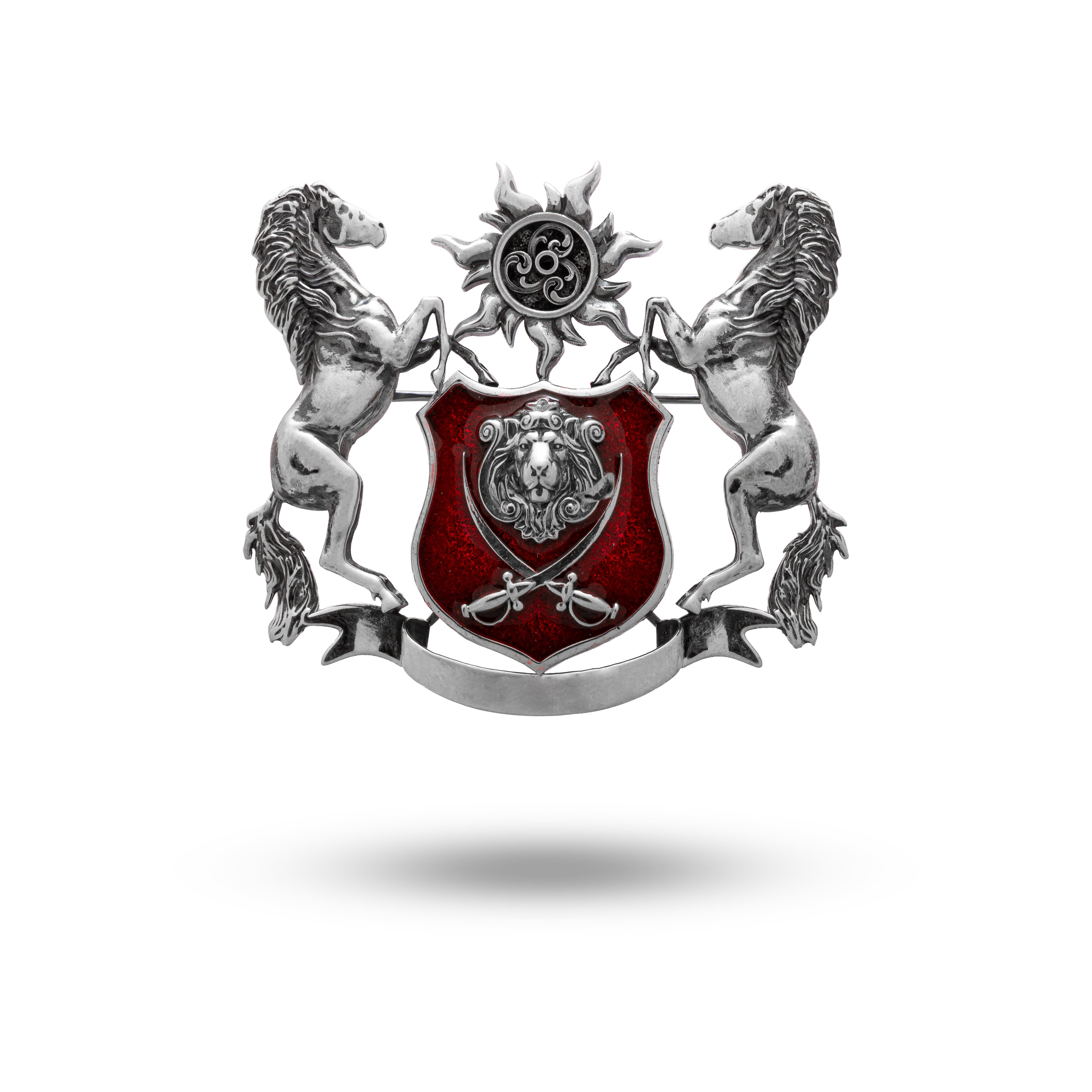 Sterling Silver SunLion Sword Warrior Brooch with Oxidized Finish, Intricate Detail