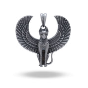 Winged Egyptian Cat 925 Sterling Silver Pendant by White Lion Jewels, front view showcasing intricate design.