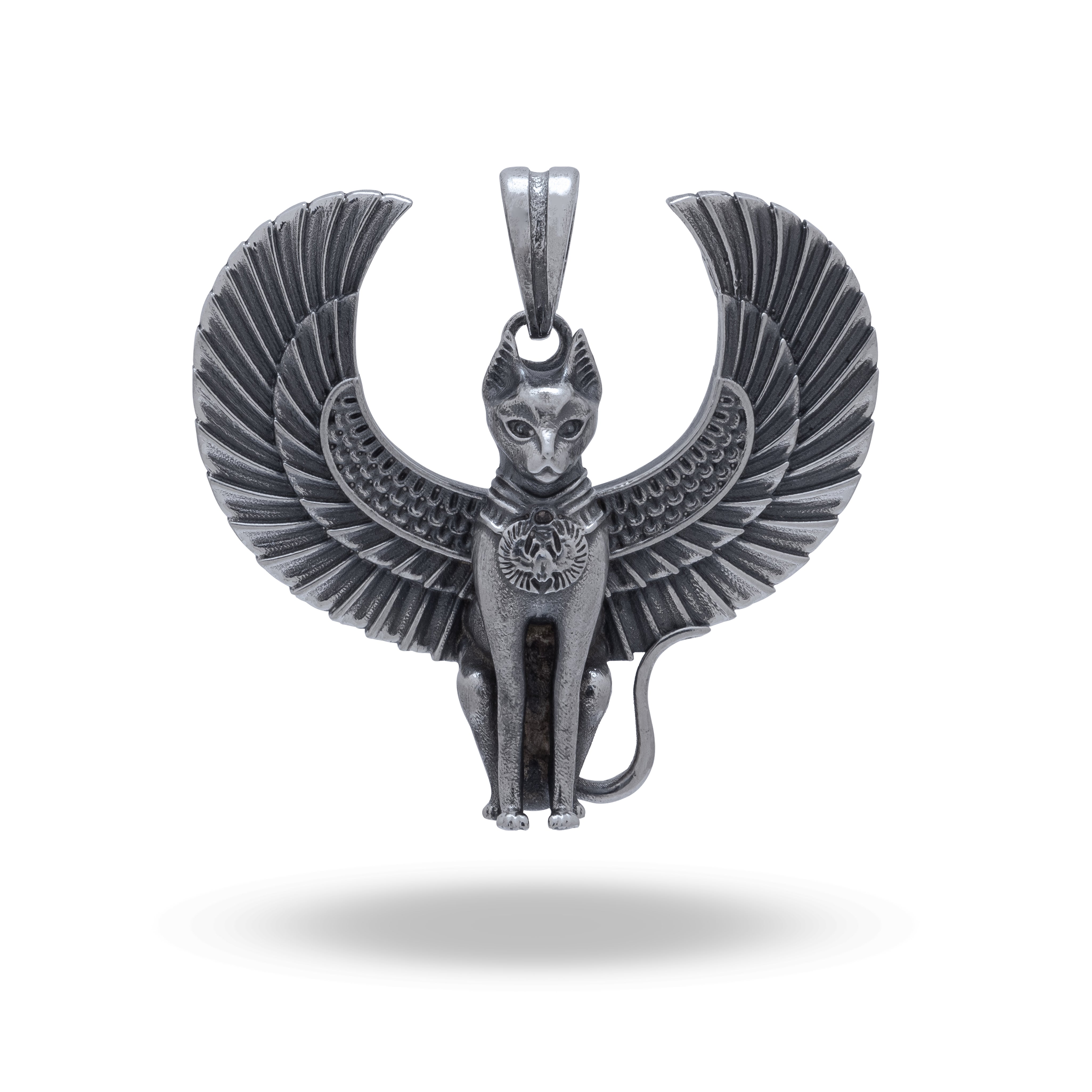 Winged Egyptian Cat 925 Sterling Silver Pendant by White Lion Jewels, front view showcasing intricate design.
