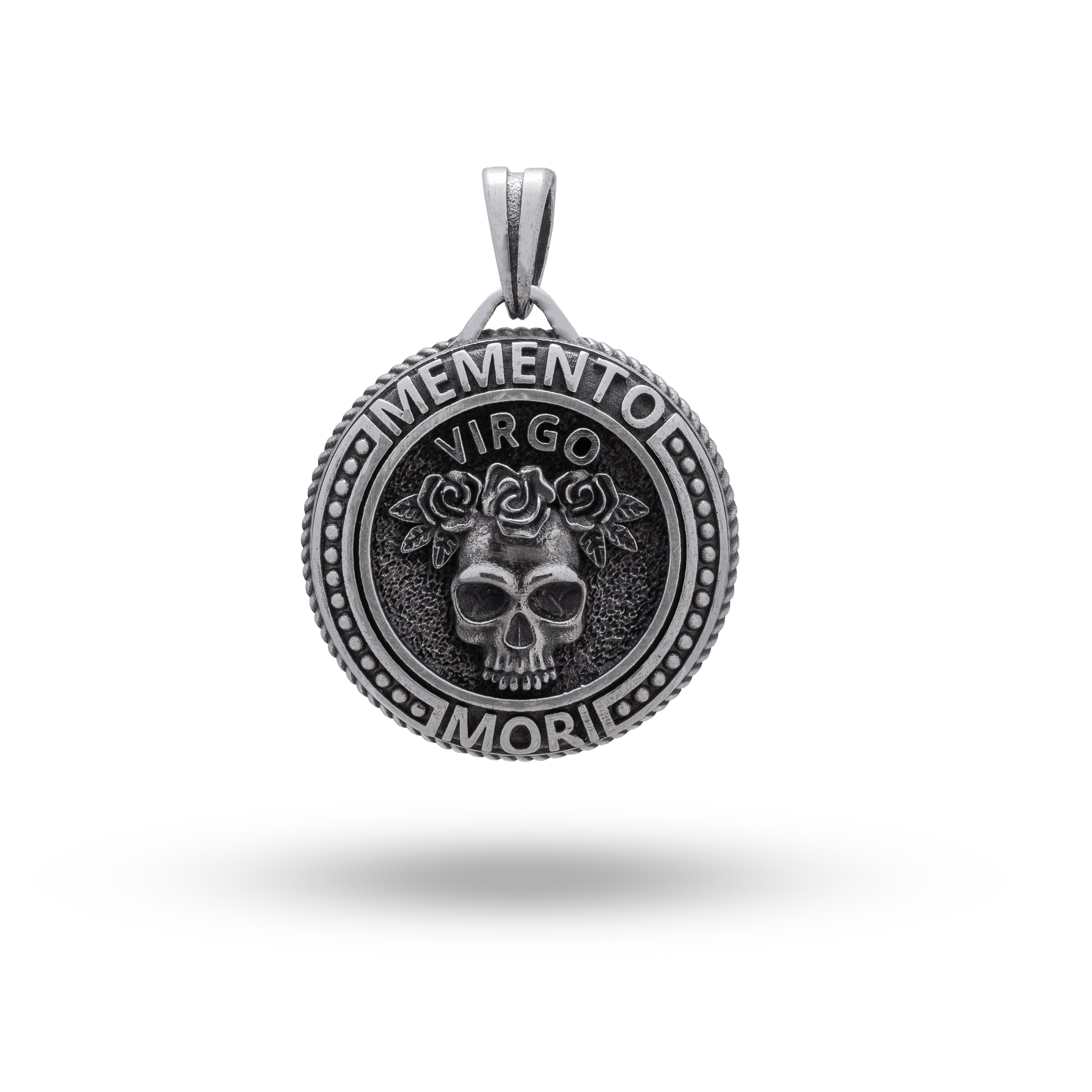 Front view of the Memento Mori Zodiac Virgo Flowers 925 Sterling Silver Pendant with oxidized finish