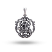 Front view of Ambe Ambika Mahadevi Goddess 925 Sterling Silver Pendant, showcasing intricate details and oxidized finish by White Lion Jewels.