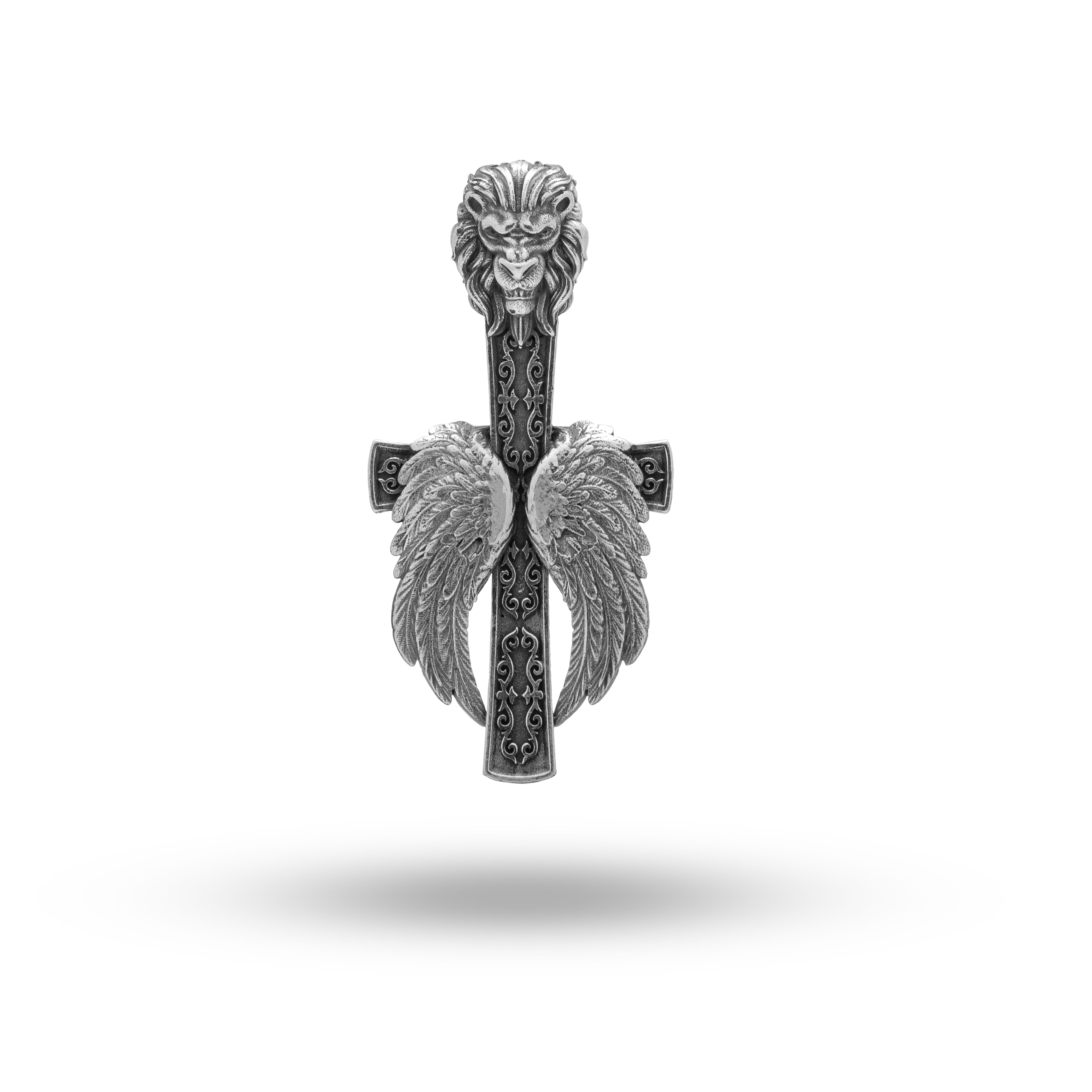 Front view of Lion King Cross Wings 925 Sterling Silver Pendant with artisanal design
