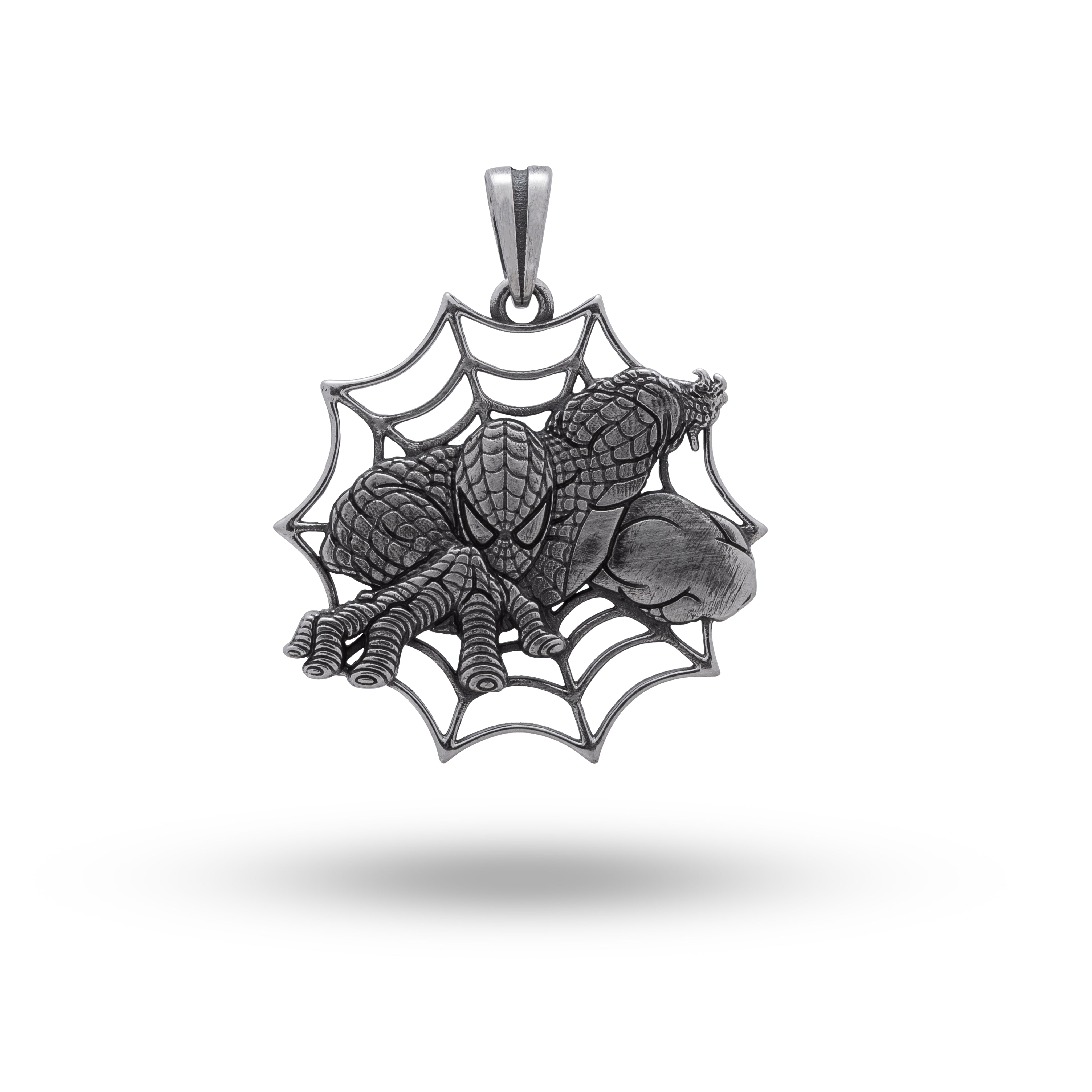Spider Man 925 Sterling Silver Pendant in oxidized finish showcasing superhero design, perfect for fans.