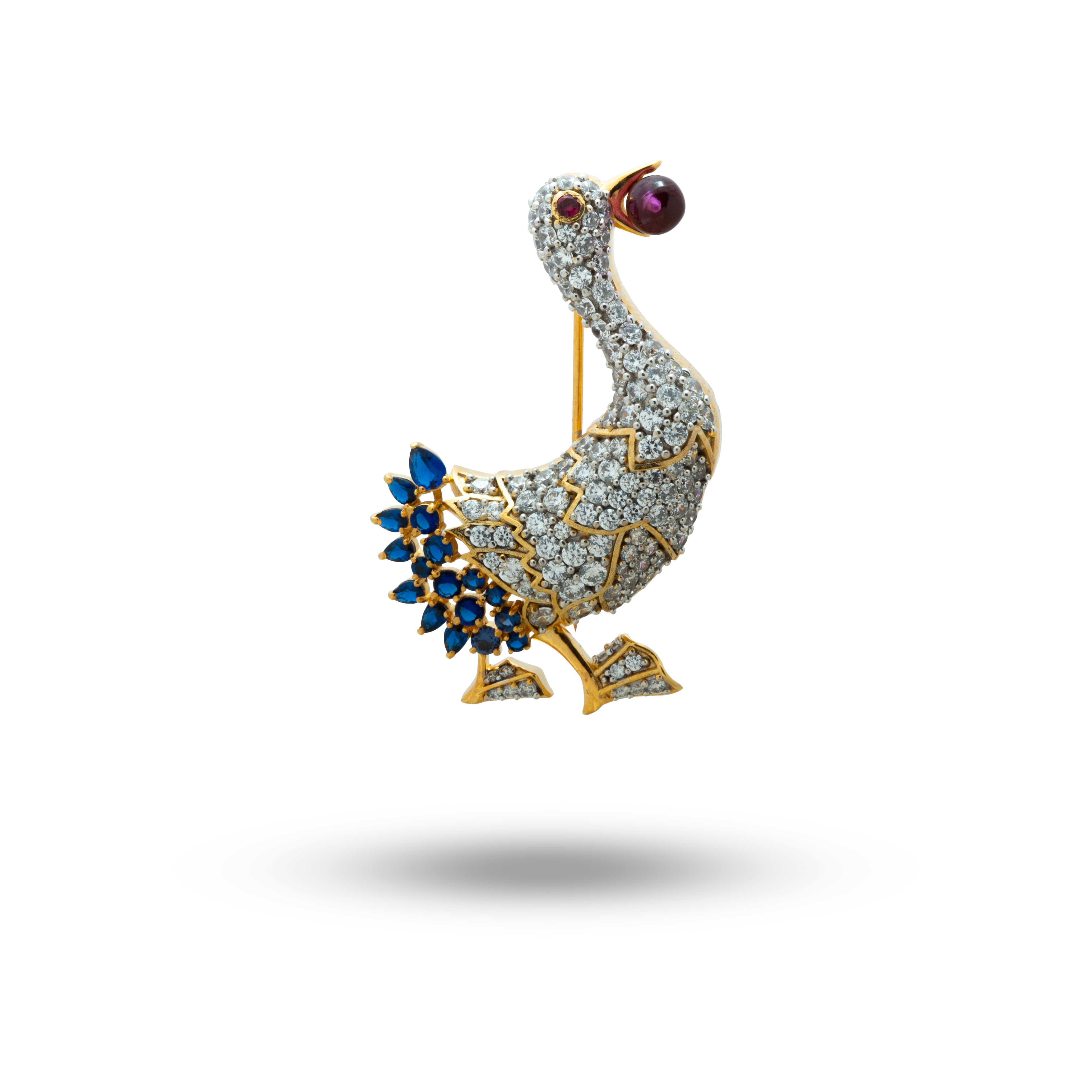 Front view of Duck Gold Plated 925 Sterling Silver Brooch with Cubic Zirconia for women's elegance.