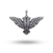 Front view of Two Headed Eagle Bird 925 Sterling Silver Pendant showcasing intricate design in oxidized silver