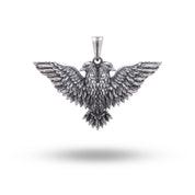 Two Headed Eagle Bird 925 Sterling Silver Pendant paired with a chain to showcase potential wear style