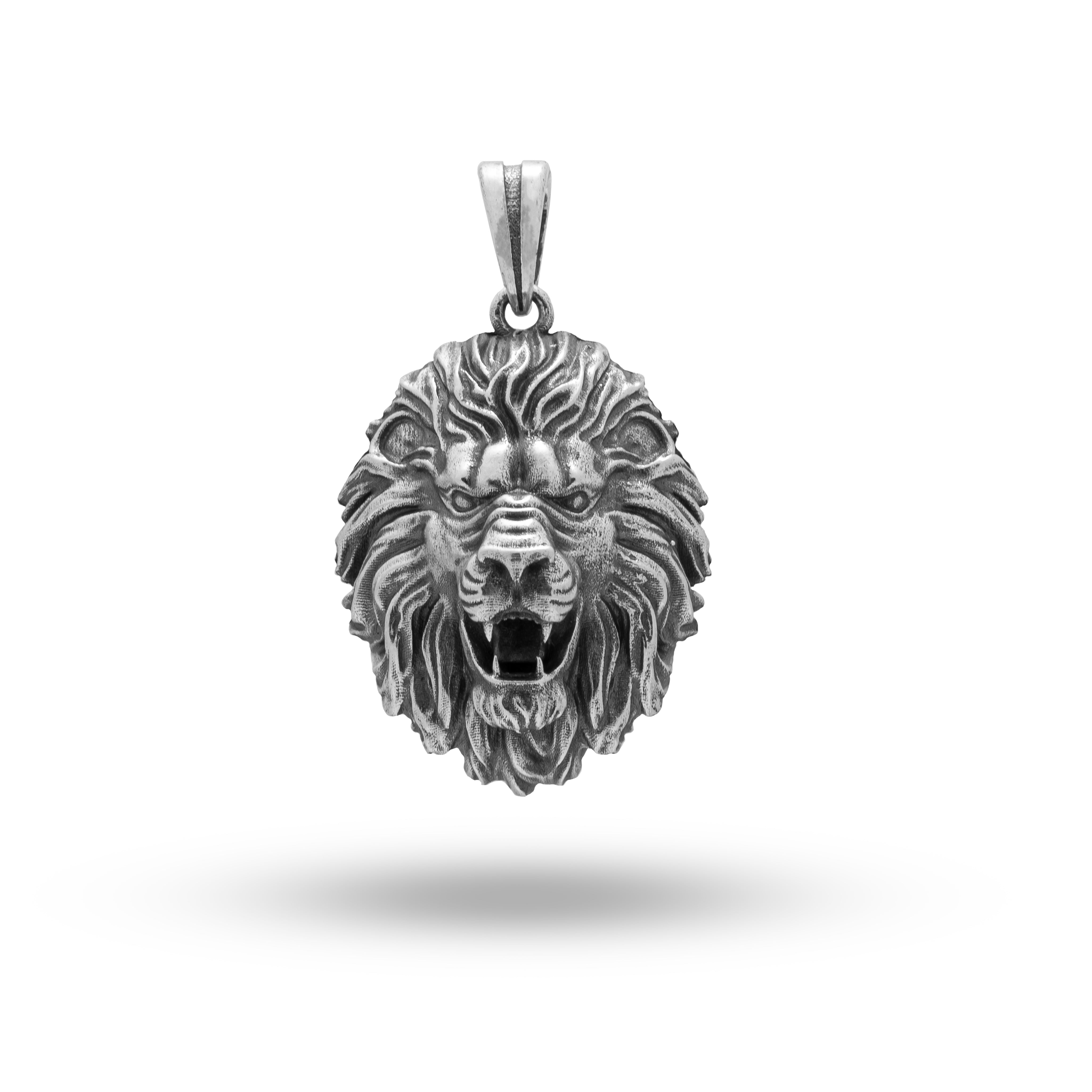Front view of Roaring Lion King 925 Sterling Silver Pendant with detailed lion head design.