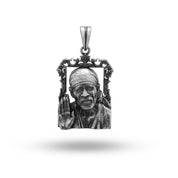 Front view of Sai Baba Blessing 925 Sterling Silver Pendant with oxidized finish showing intricate design.