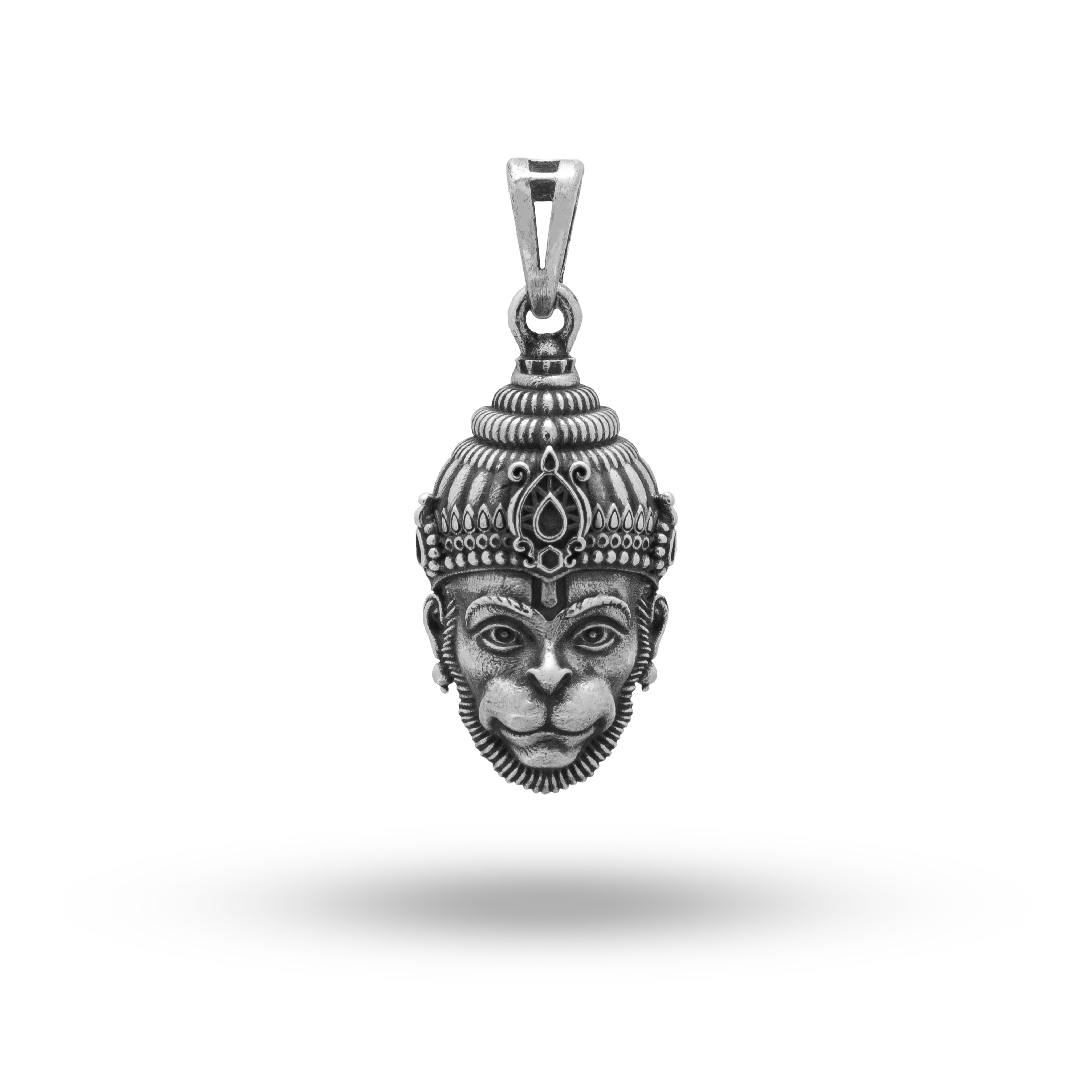 Front view of 925 sterling silver Hanuman Face evil protector pendant with oxidized finish