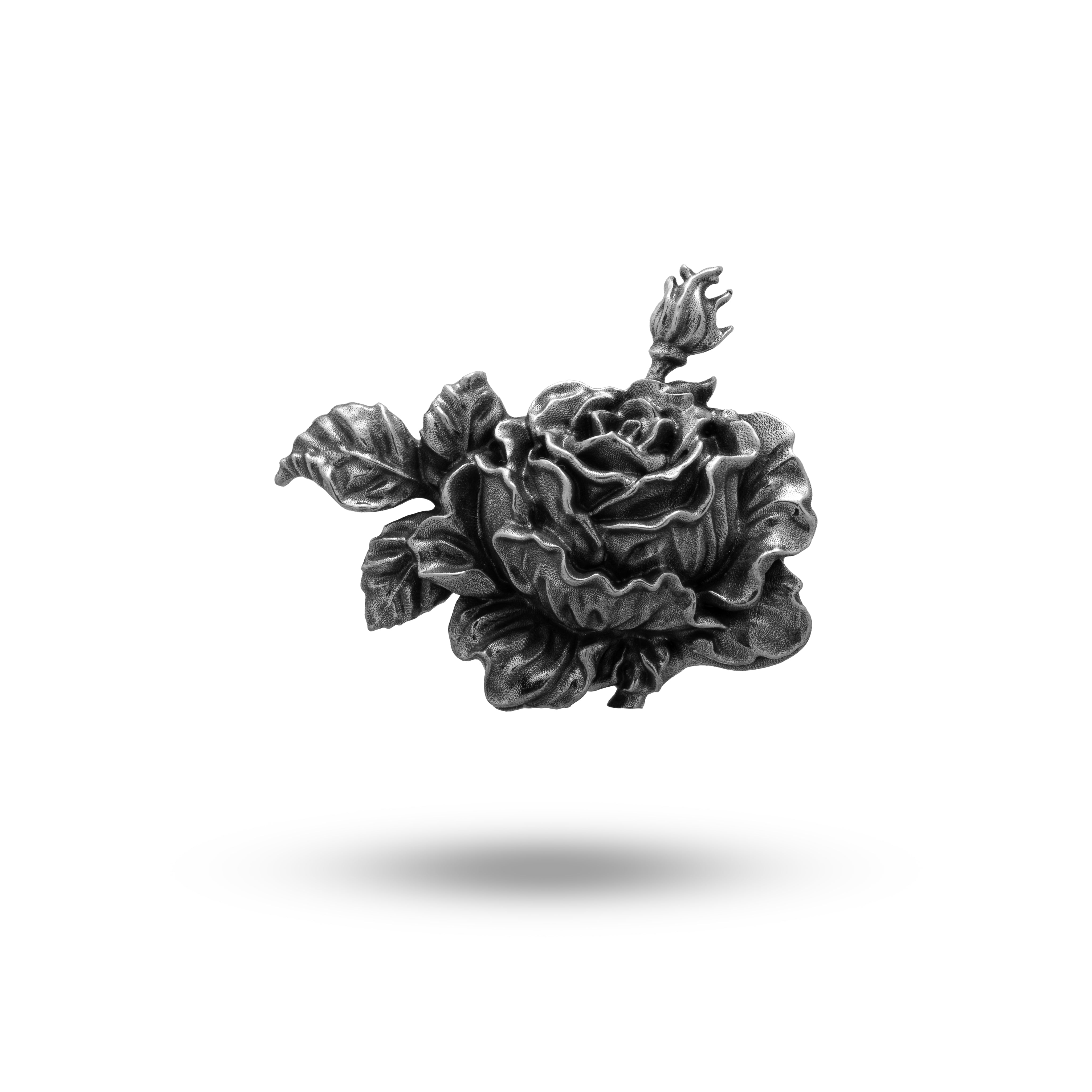 Rose symbol of love passion romance brooch in 925 Sterling Silver with oxidized finish.