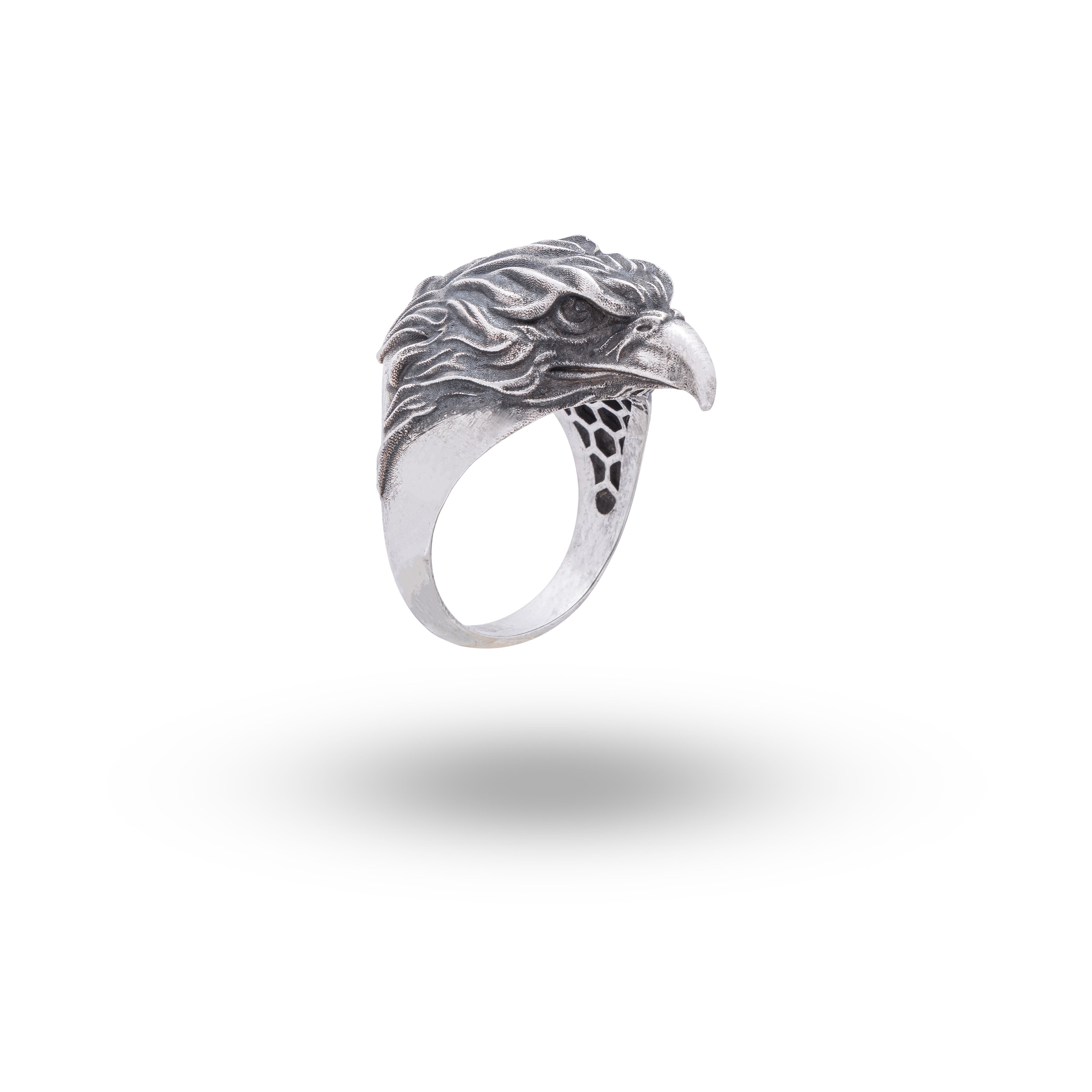 Golden Eagle 925 Sterling Silver Ring showcasing intricate eagle head design in oxidized silver finish.