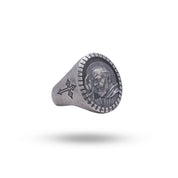925 Sterling Silver Saint Padre Pio Ring - Front View, Oxidized Finish, Religious Jewelry