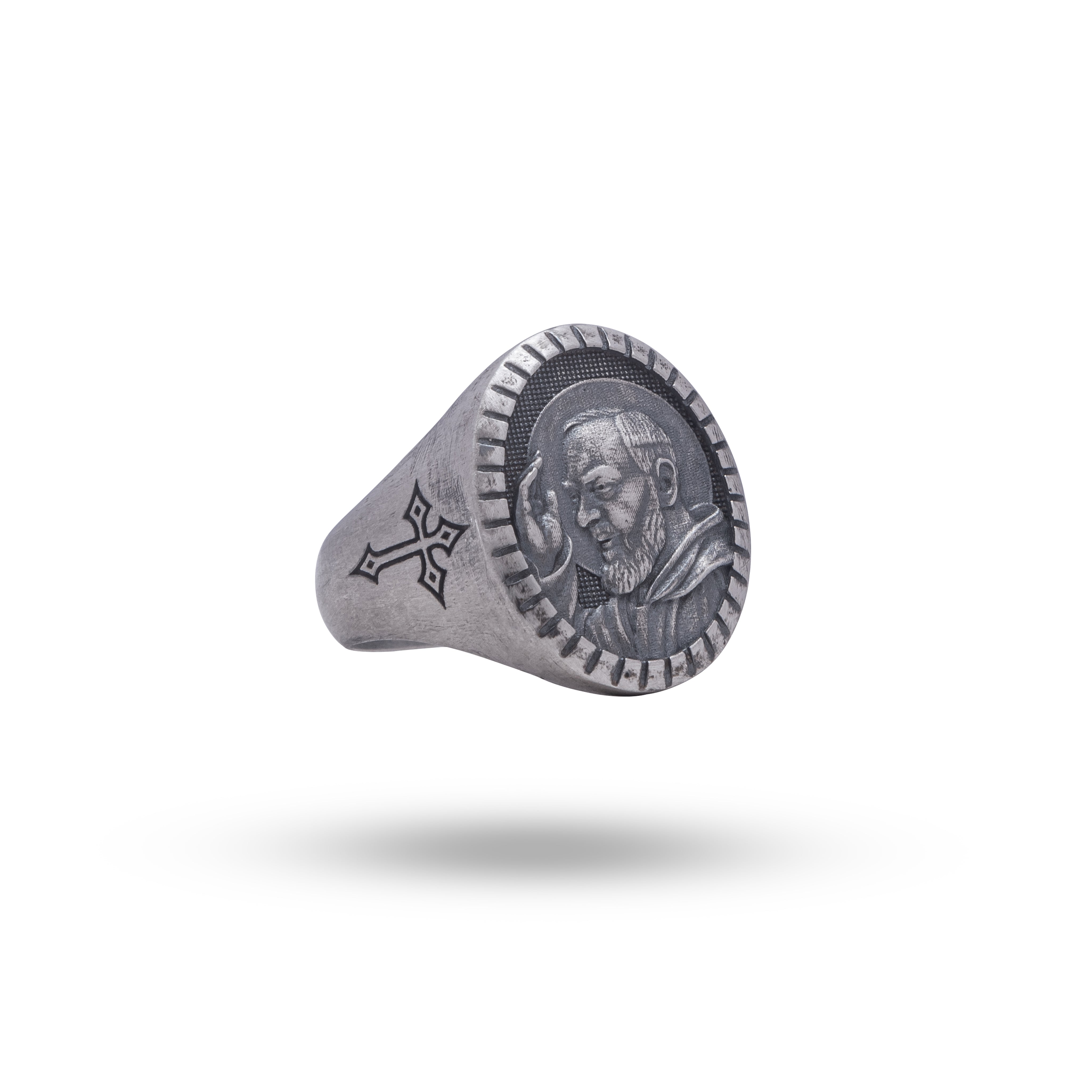 925 Sterling Silver Saint Padre Pio Ring - Front View, Oxidized Finish, Religious Jewelry