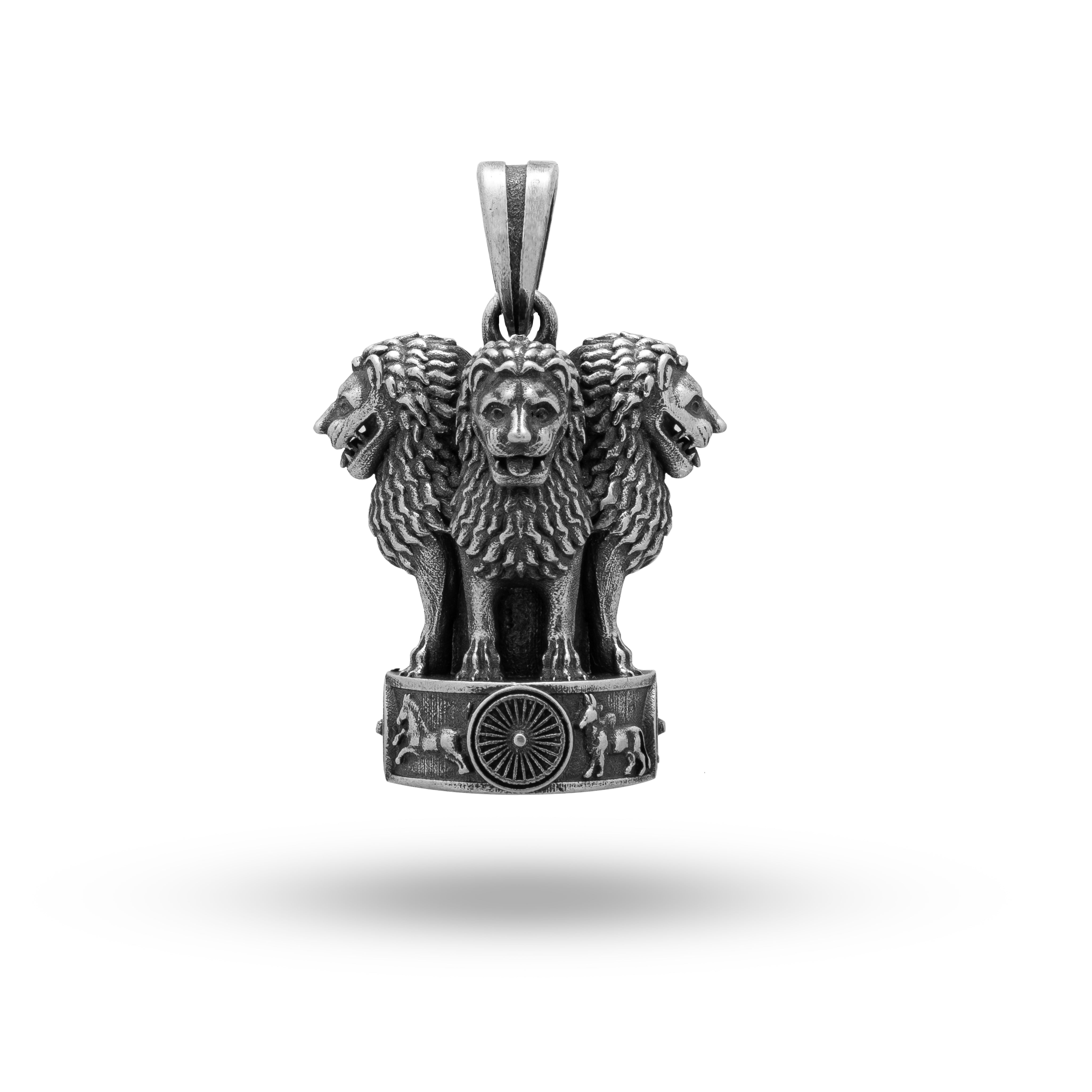 National Emblem Ashok Stambh Lion Sterling Silver Pendant front design, oxidized finish