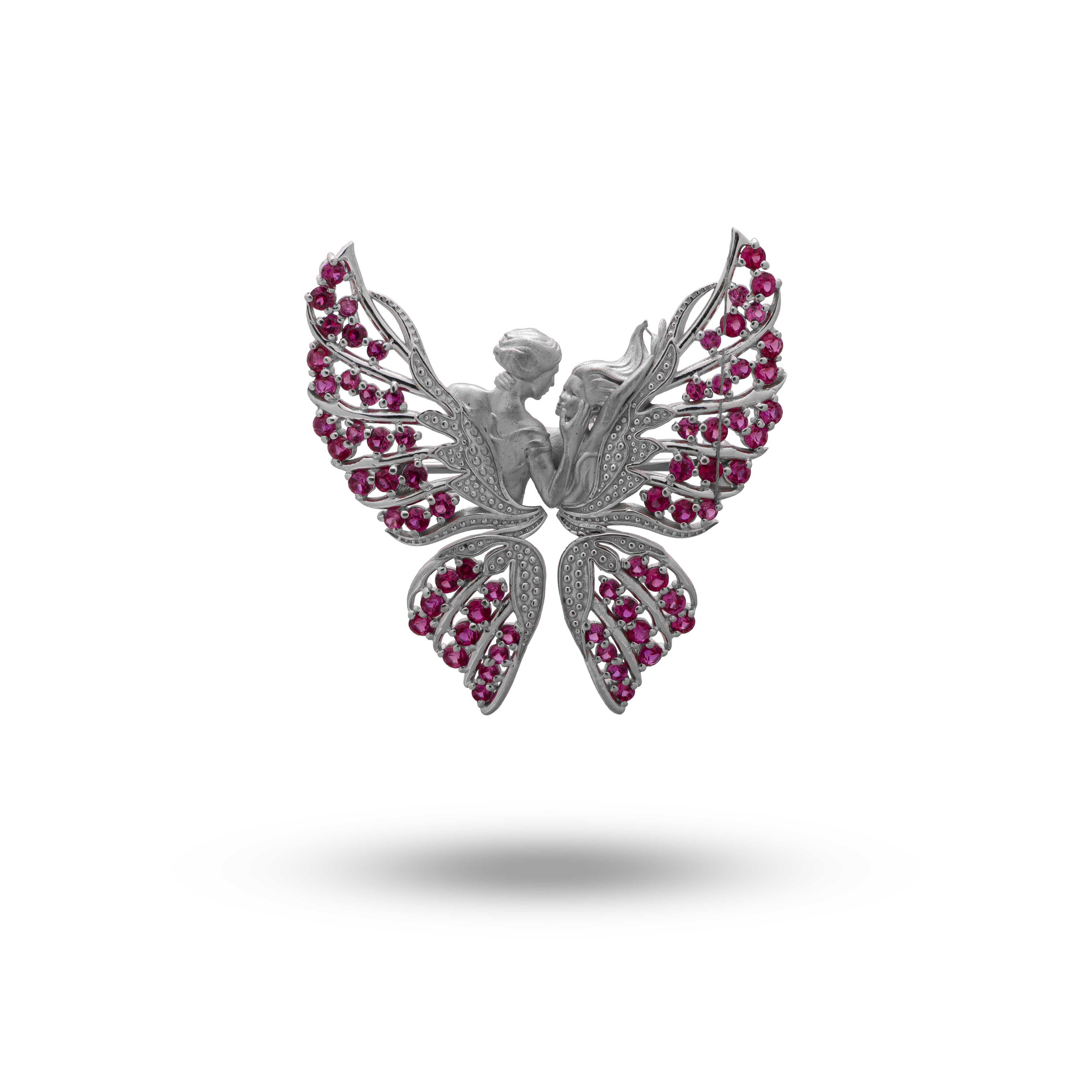 Front view of Couple Love Butterfly Ruby 925 Sterling Silver Brooch displaying intricate butterfly design with ruby cubic zirconia.