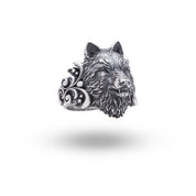 Side view of Angry Wolf Head 925 Sterling Silver Ring showcasing its detailed craftsmanship and oxidized silver finish.