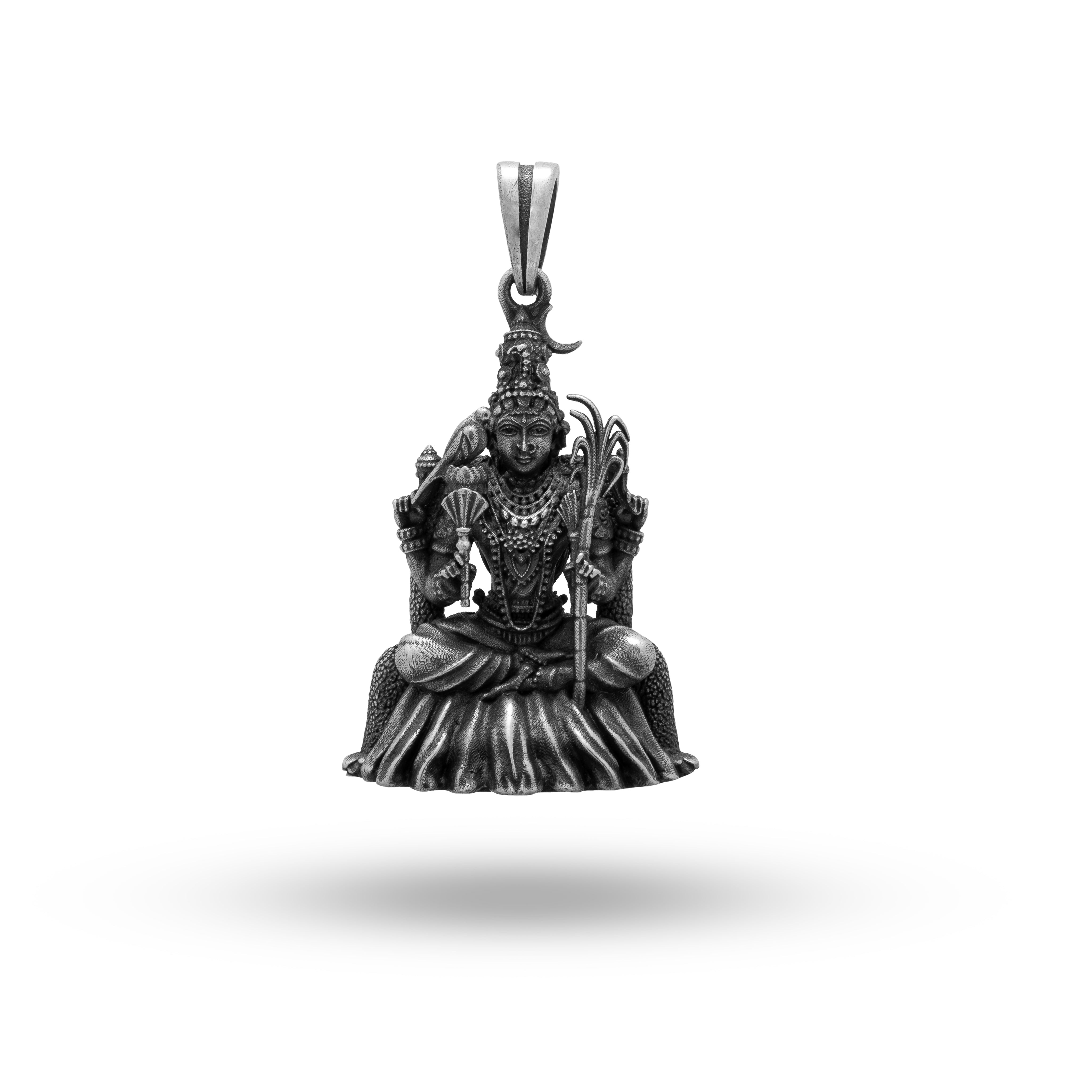 Front view of Goddess Kanchi Kamakshi Parvati Sterling Silver Pendant showing intricate detailing and oxidized finish