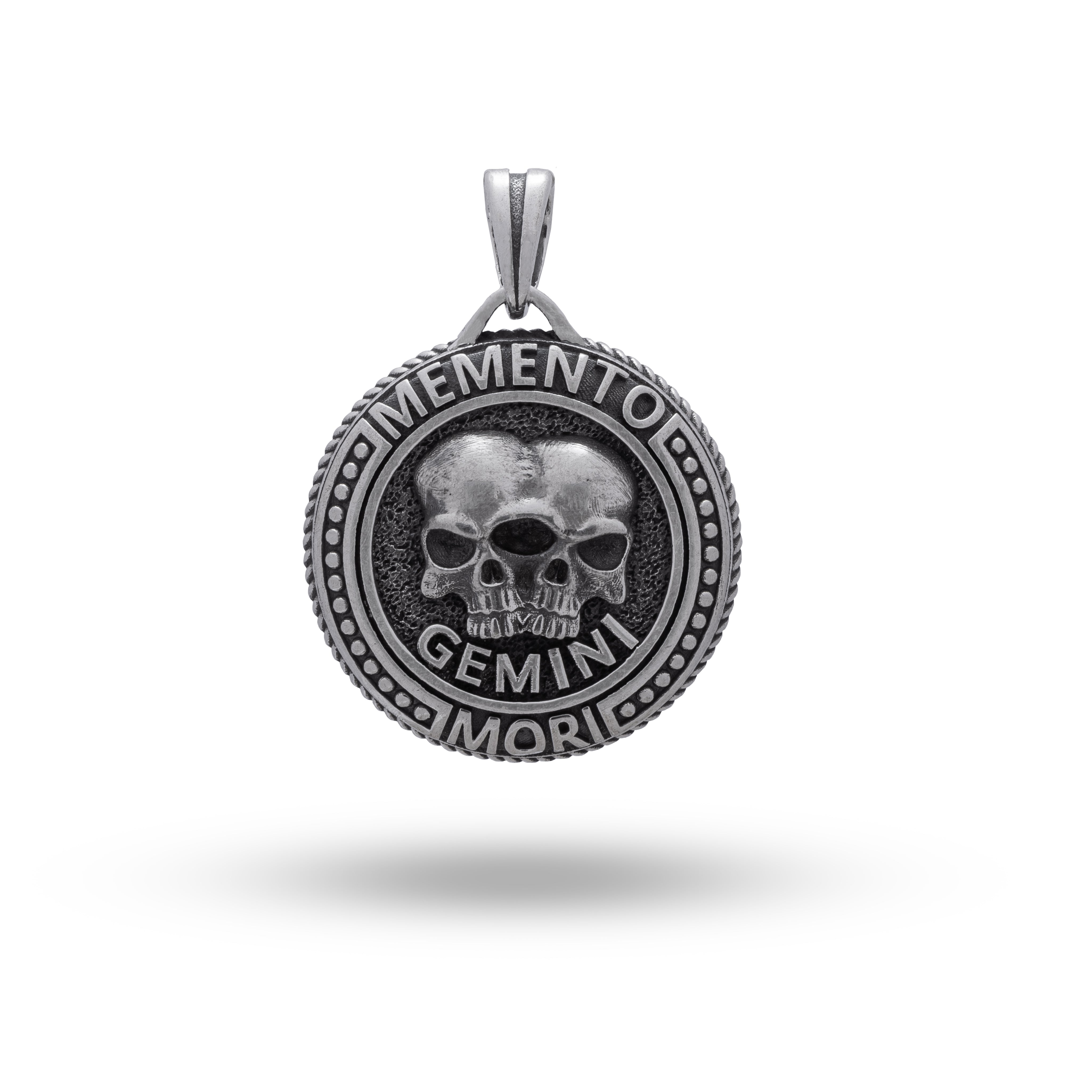 Memento Mori Zodiac Gemini Sign 925 Sterling Silver Pendant front view showcasing oxidized finish.