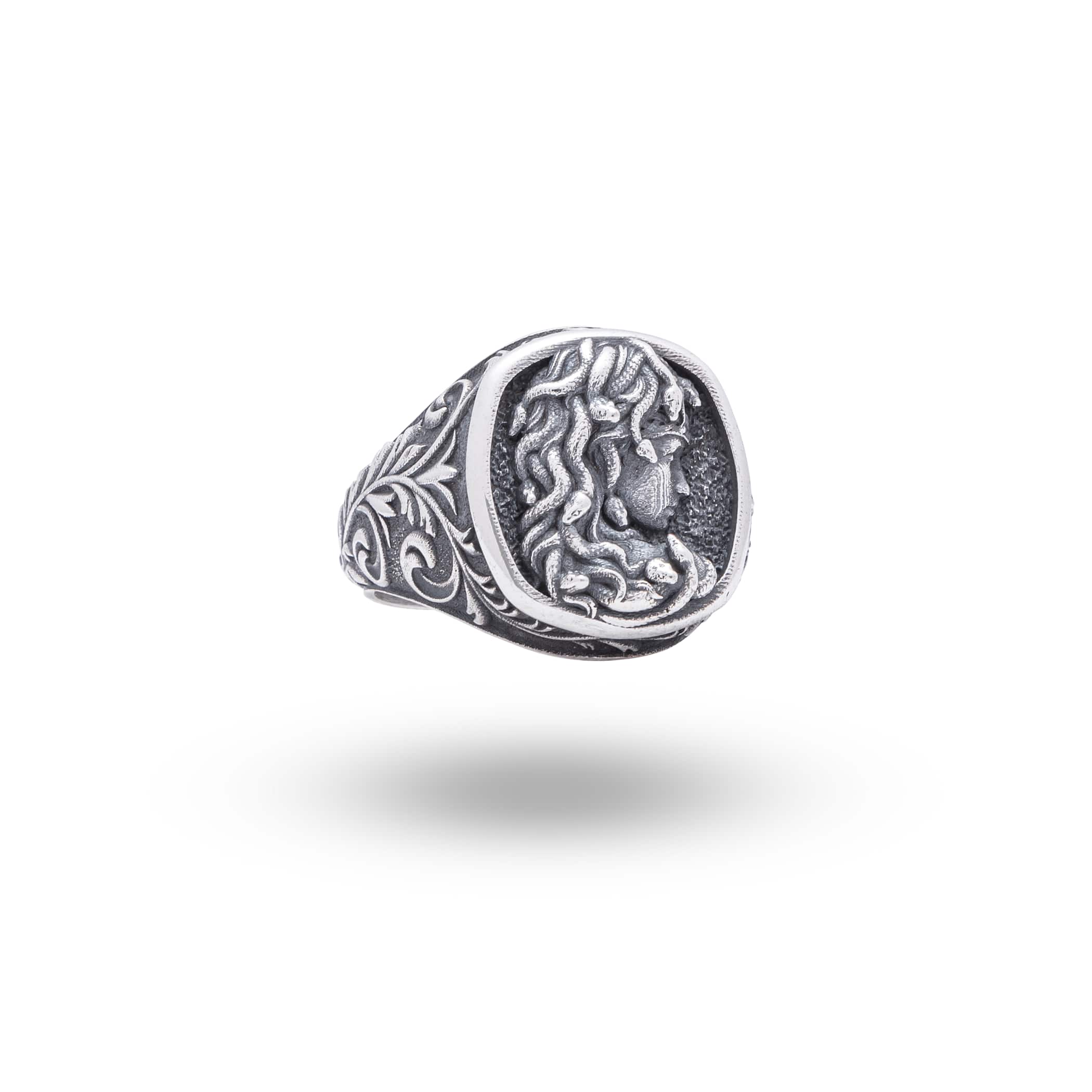 Front view of Medusa Gorgon Snakes 925 Sterling Silver Ring, oxidized with intricate design featuring serpents.