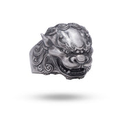 925 Sterling Silver Foo Dog Guardian Lion Ring with Oxidized Silver Finish