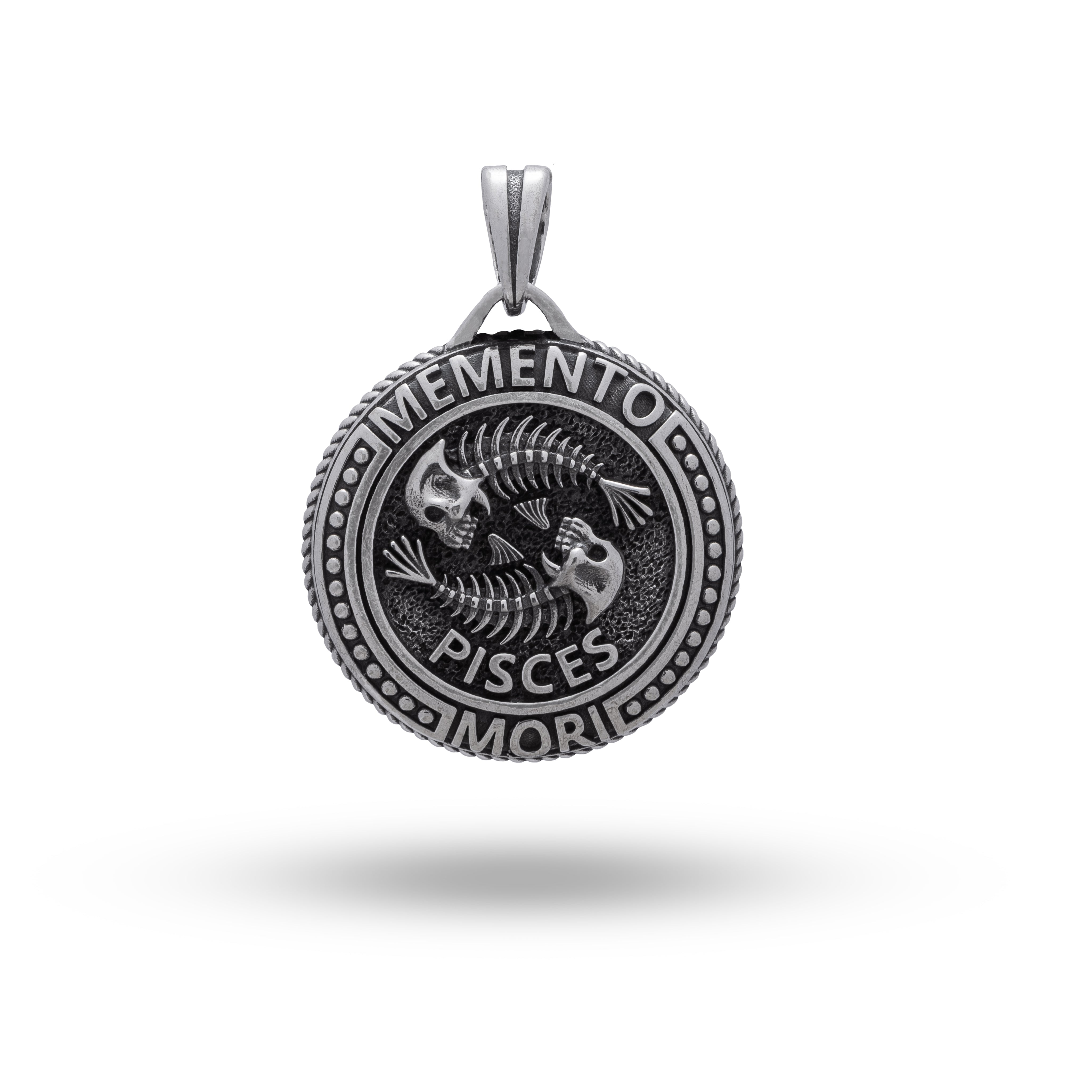 925 Sterling Silver Pisces Zodiac Pendant with oxidized finish, symbolizing Memento Mori theme by White Lion Jewels.