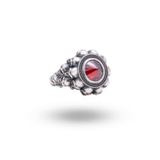 Inverted Gothic Skulls garnet stone 925 sterling silver ring showcasing oxidized silver and 10 mm garnet stone design.