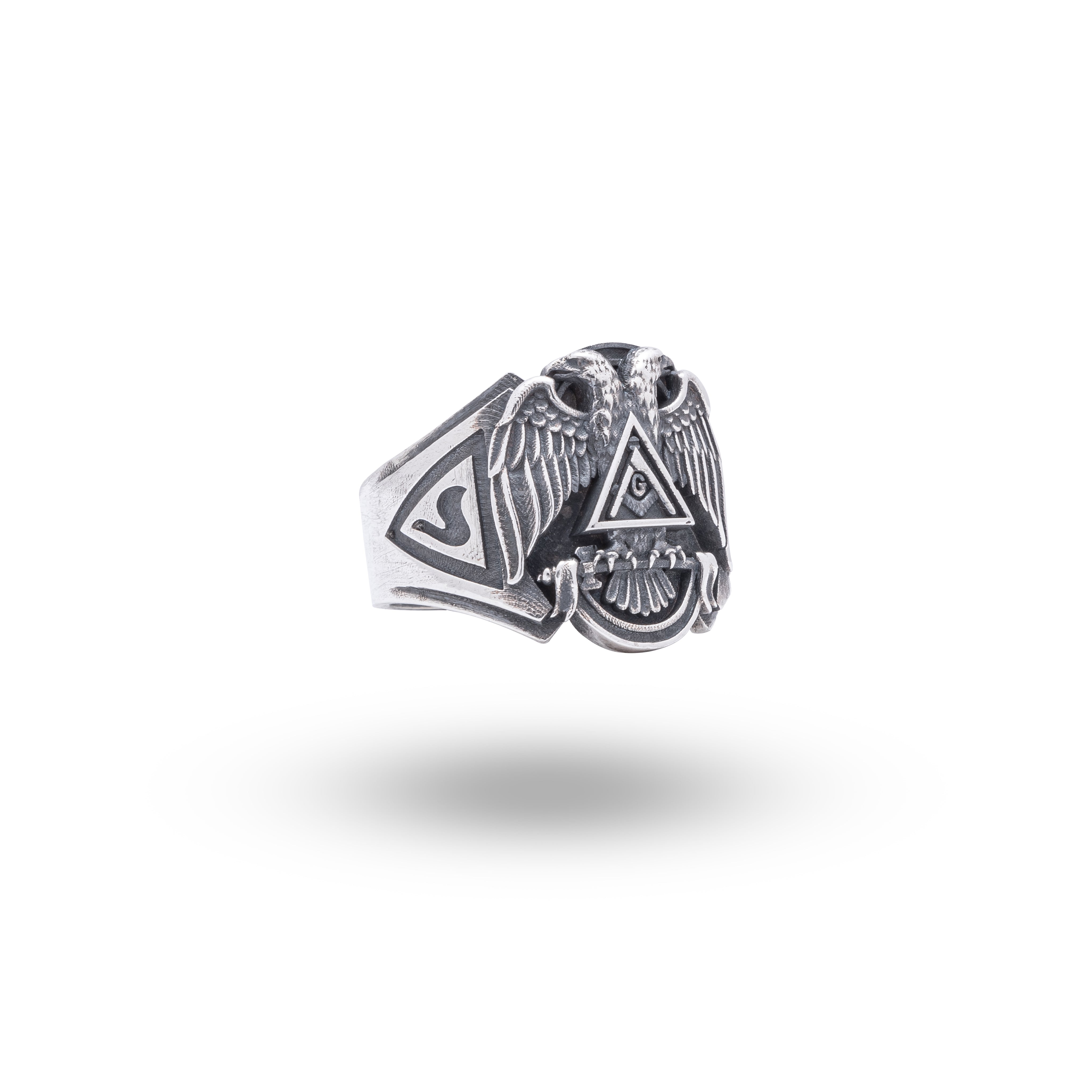Front view of Masonic Eagles Birds Ring with 925 Sterling Silver and oxidized finish, showcasing intricate eagle design.