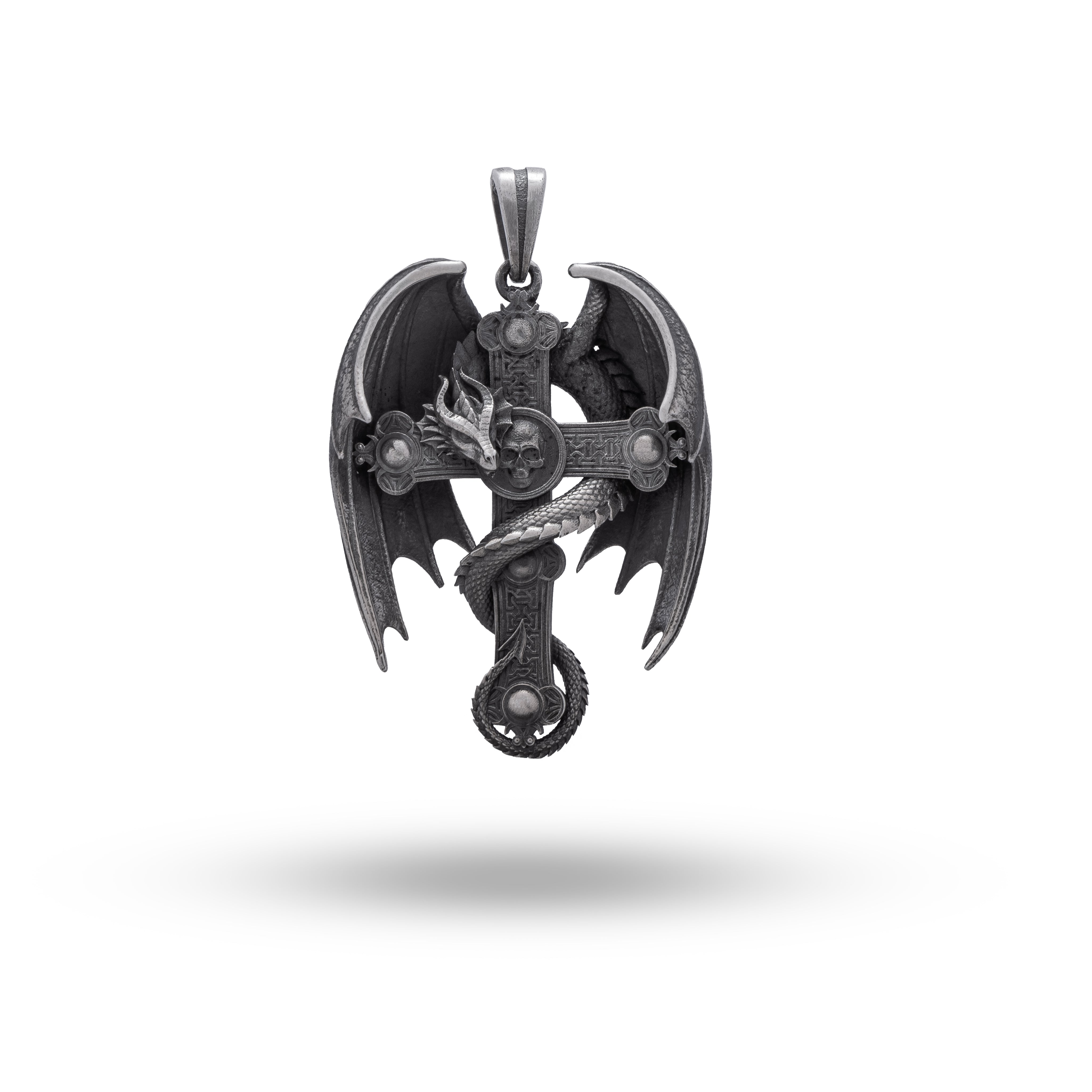 Front view of Skull Cross Wings Dragon pendant in 925 sterling silver with oxidized finish