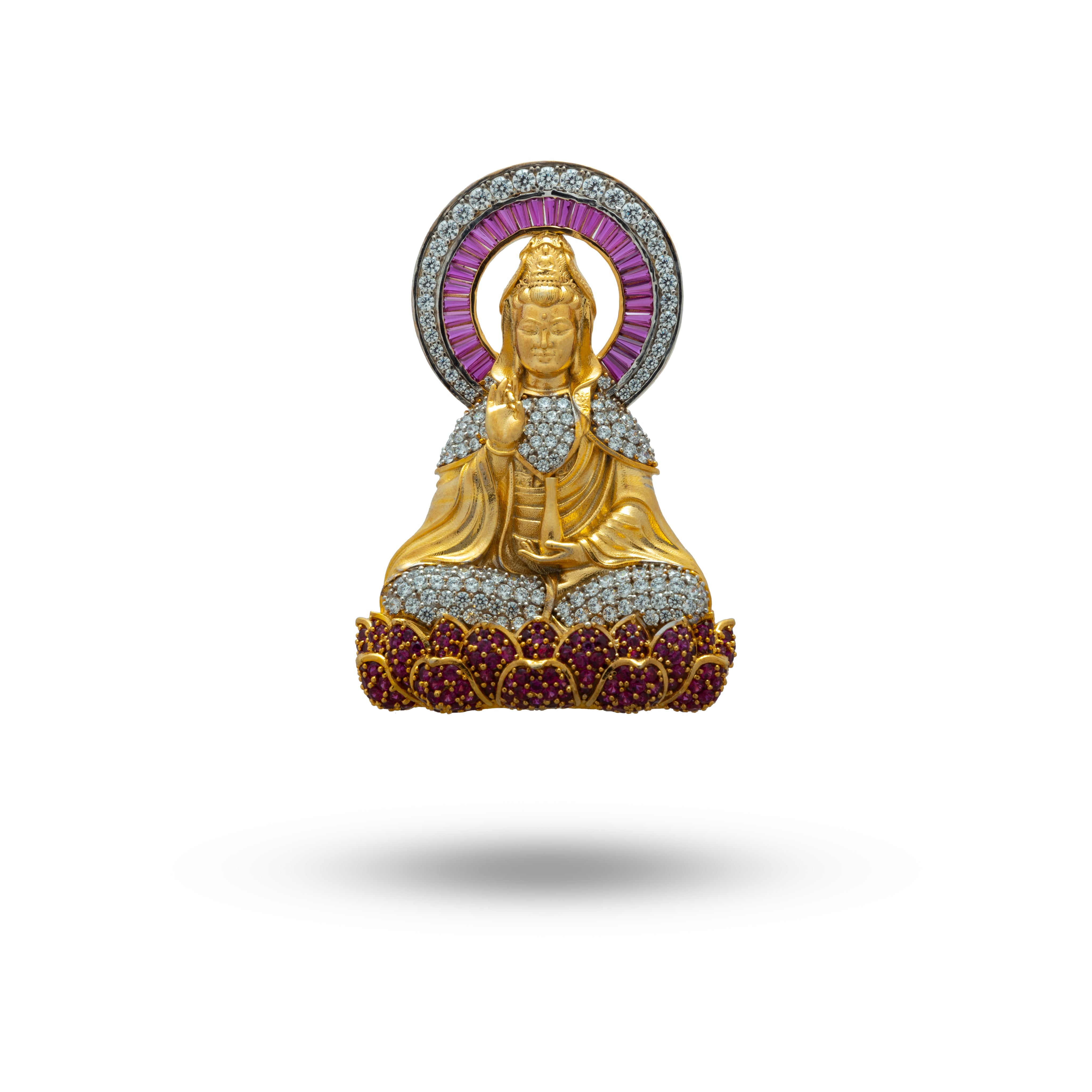 Buddha Cubic Zirconia 925 Sterling Silver Gold Plated Brooch Pin