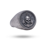 Front view of Half Jaw Gothic Anchor Skull 925 Sterling Silver Ring with oxidized finish
