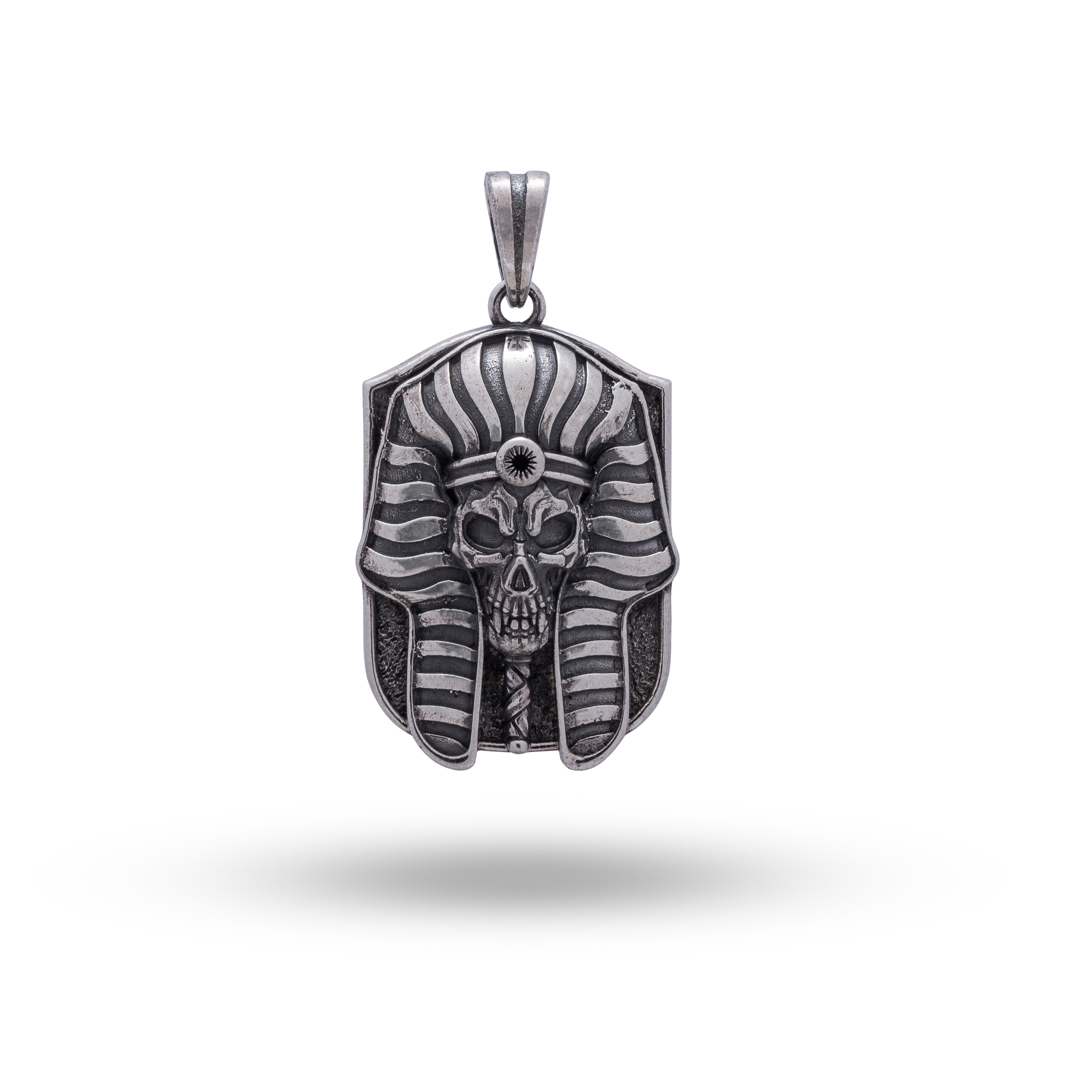 Front view of Pharaoh Egyptian Mummy 925 Sterling Silver Pendant by White Lion Jewels, featuring intricate design in oxidized silver