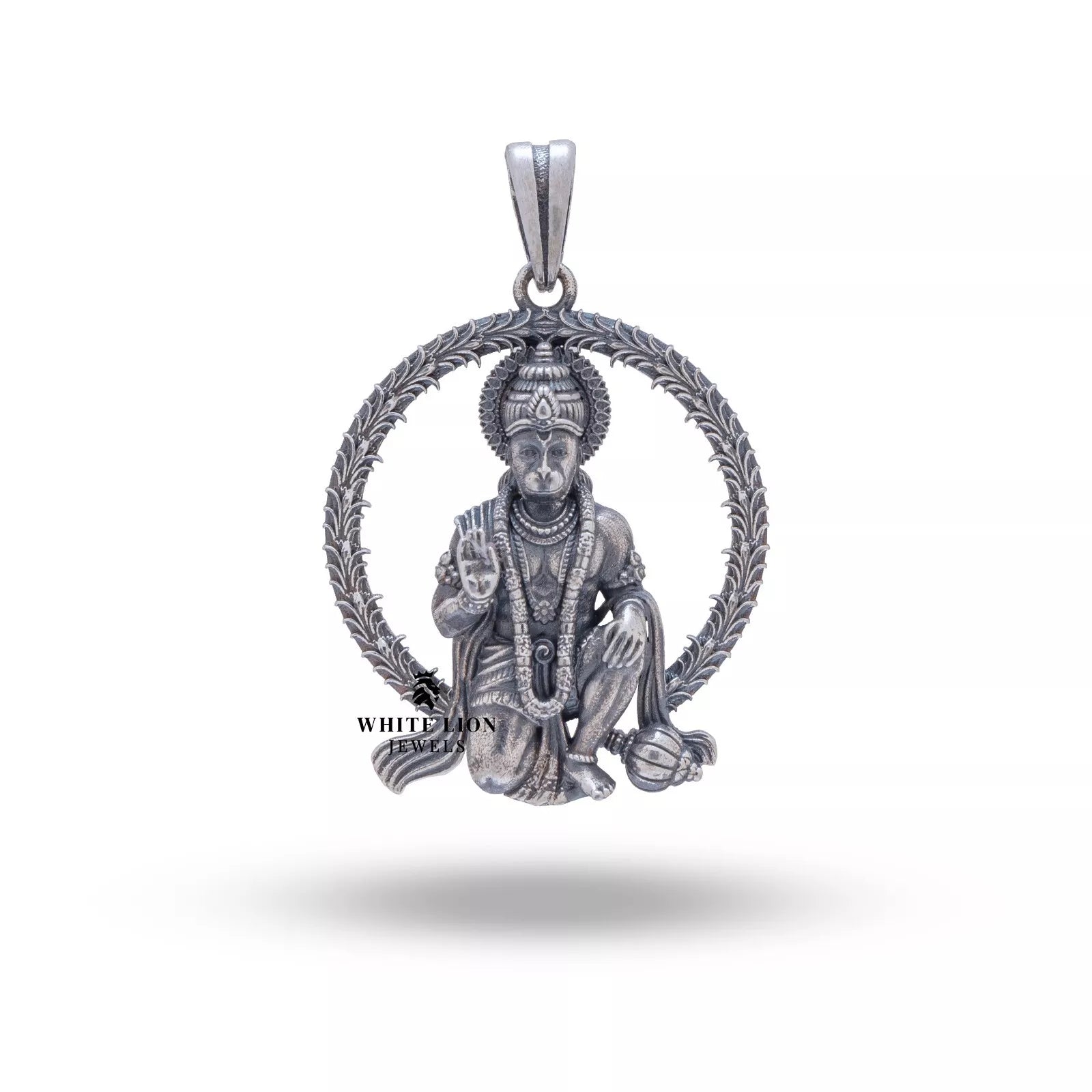 Front view of Hanuman 925 Sterling Silver Pendant in oxidized silver showcasing craftsmanship from White Lion Jewels