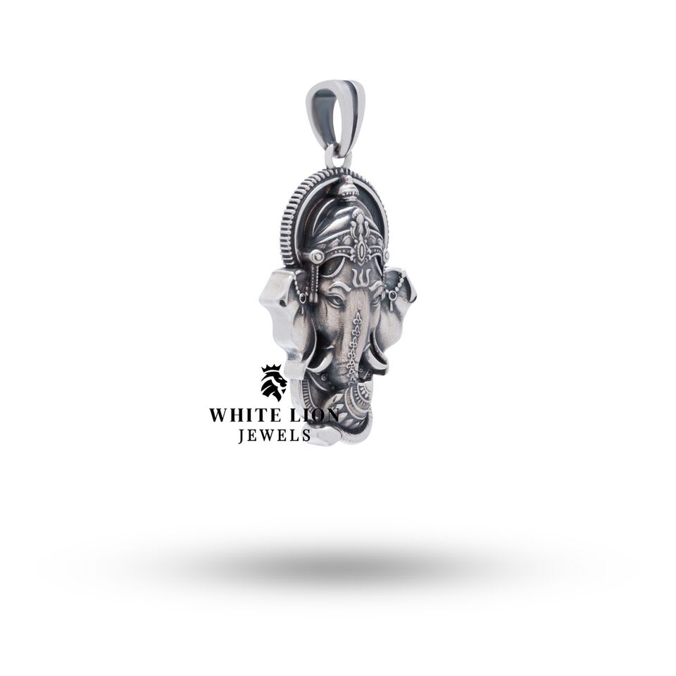 Back view of the intricate Lord Ganesha 925 Sterling Silver Pendant highlighting the fine detail in oxidized silver.