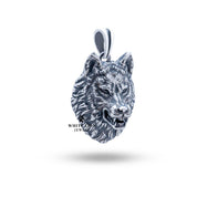 Side profile of the Angry Wolf Head Pendant in 925 Sterling Silver, highlighting its dimensional artistry.
