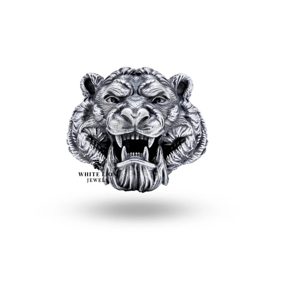 Exquisite Sabar Tooth Tiger Face Ring by White Lion Jewels in oxidized silver