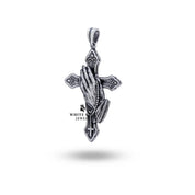 Close-up of Praying Hands Cross 925 Sterling Silver Pendant highlighting handcrafted details and oxidized finish.