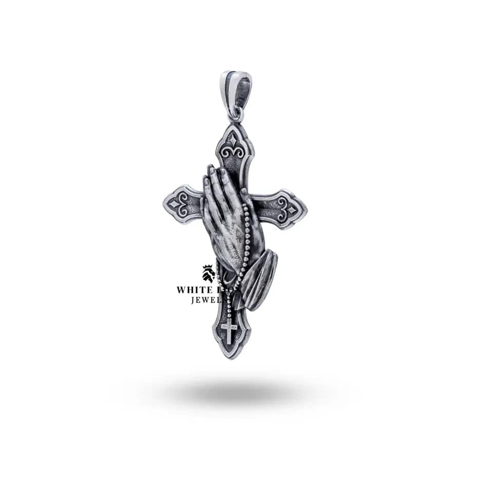 Close-up of Praying Hands Cross 925 Sterling Silver Pendant highlighting handcrafted details and oxidized finish.